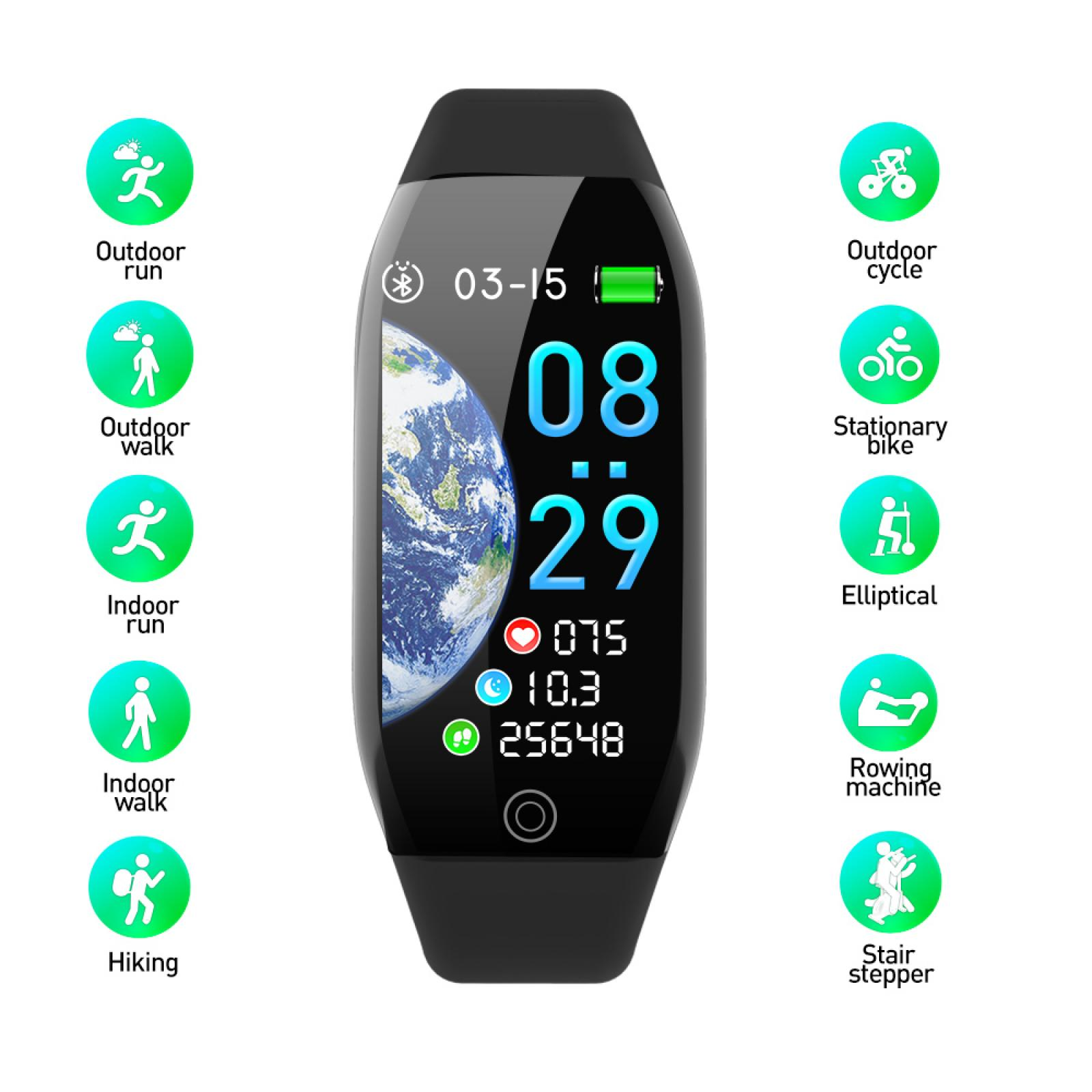 Schwarzer Fitness-Tracker mit digitaler Anzeige, die Zeit, Datum und Aktivitätsverfolgungs-Symbole zeigt. Enthält verschiedene Trainingsmodi und Gesundheitsmetriken.
