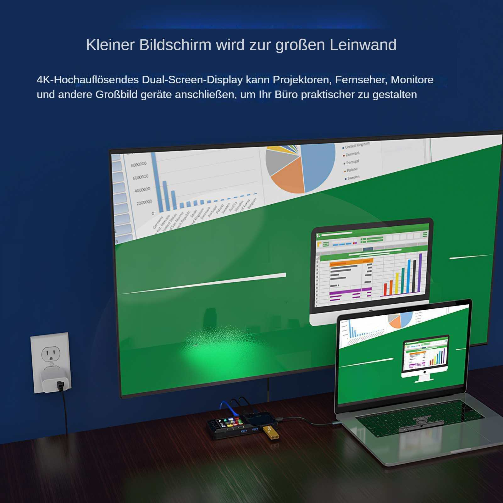Ein Laptop, ein Monitor und ein großer Bildschirm zeigen Grafiken. Ein Hub verbindet Geräte. Eine Steckdose ist an der Wand.