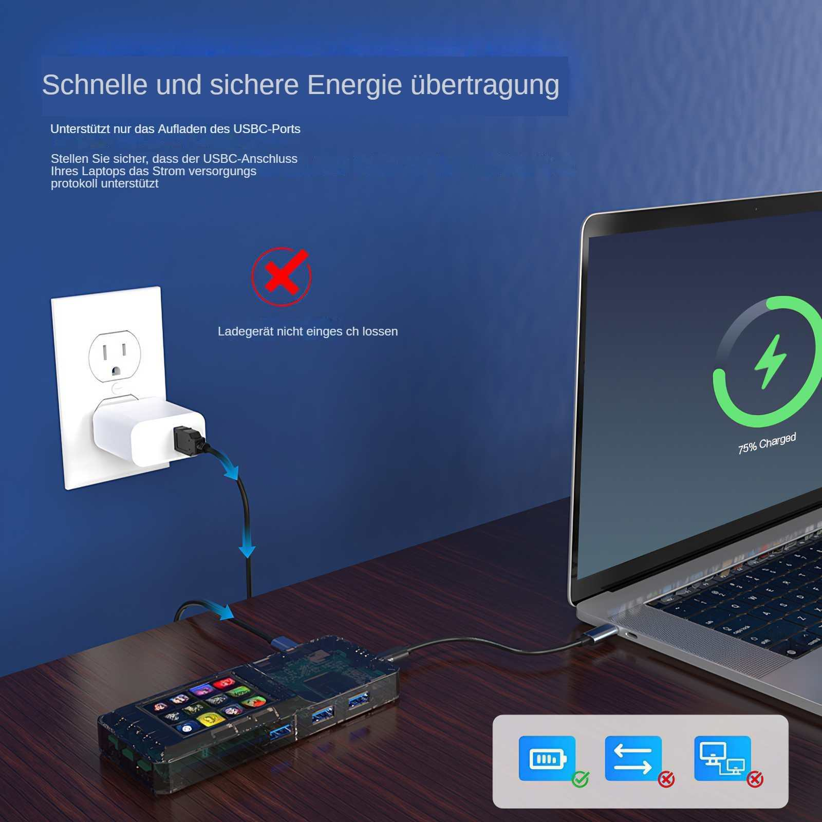 Ein Laptop wird geladen und ist mit einem USB-Hub verbunden. Eine Steckdose ist mit dem Hub verbunden.