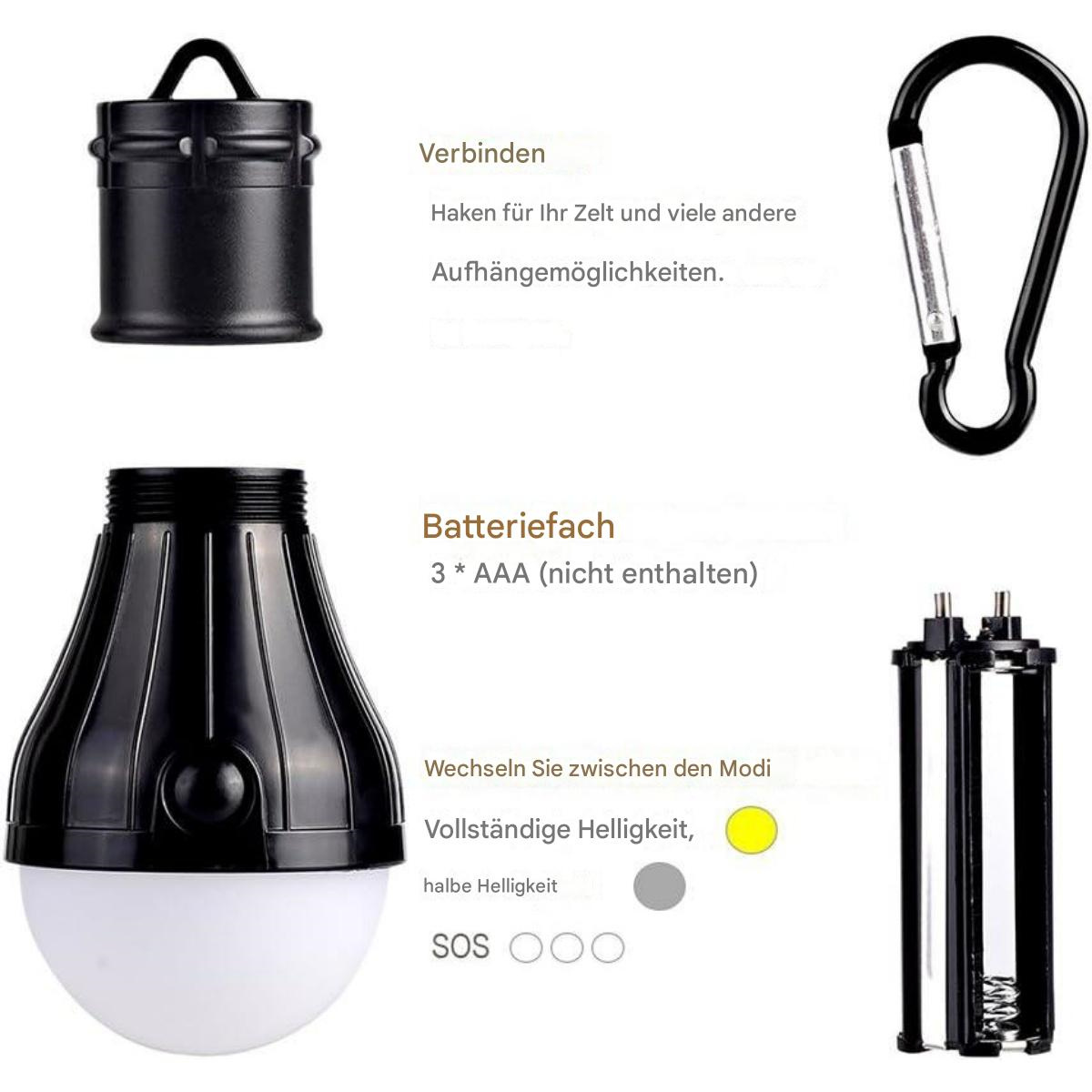 Gezeigt werden eine schwarze Campinglampe, ein Karabiner und Batteriekomponenten. Text auf Deutsch beschreibt Funktionen wie Batteriefach und Modi.