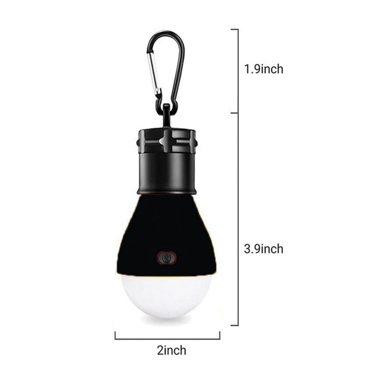 Eine schwarz-weiße LED-Campinglampe mit Karabinerhaken. Abmessungen sind angegeben: 1,9 Zoll für den Clip, 3,9 Zoll Lichtlänge und 2 Zoll Breite.