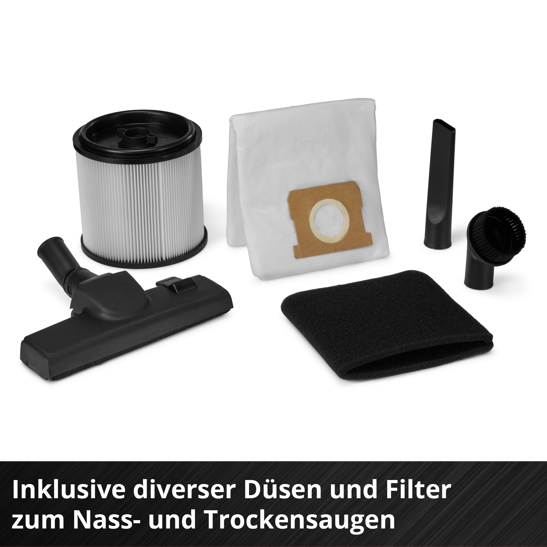 Staubsaugerzubehör auf Weiß. Enthält Filter, Beutel, Düsen und eine Bürste.