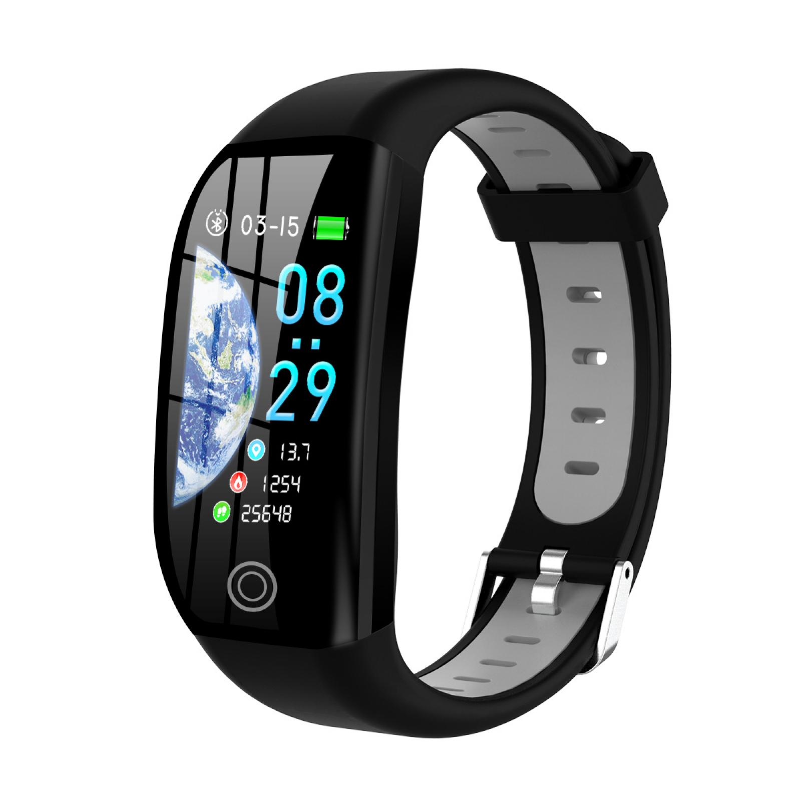 Eine schwarze Smartwatch mit Anzeige von Uhrzeit, Datum und Gesundheitsdaten, mit einem schwarz-grauen Armband.