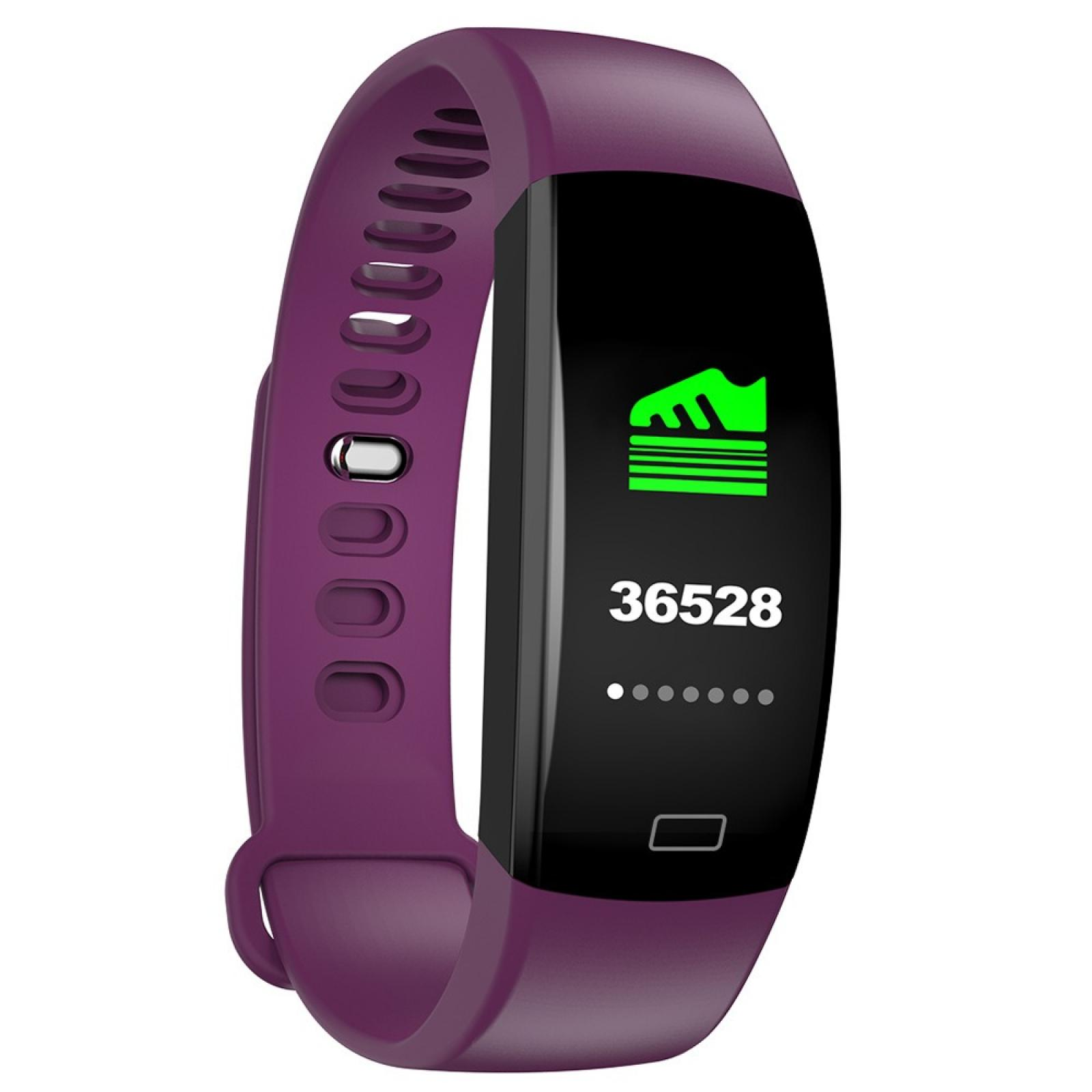 Ein lila Fitness-Tracker. Der Bildschirm zeigt ein grünes Schuhsymbol und die Zahl 36528. Darunter eine Reihe von Punkten.