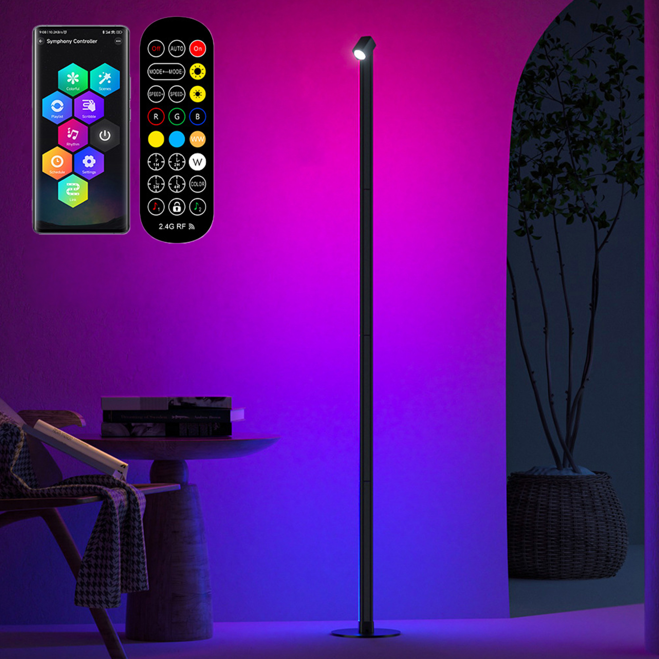 Ein Raum mit einer modernen Stehlampe, einem Tisch und einer Pflanze. Die Wand hat einen Farbverlauf aus Lila und Blau.