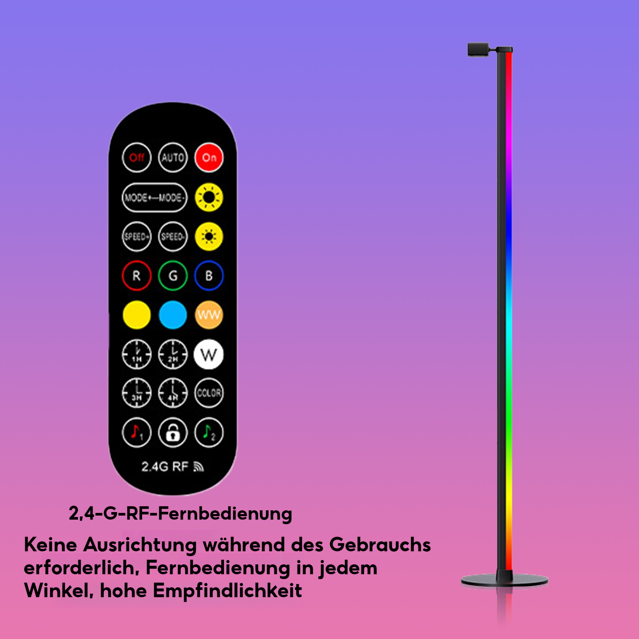 Eine hohe, schwarze, farbwechselnde Lampe steht neben einer Fernbedienung auf einem lila-pinkfarbenen Hintergrund.
