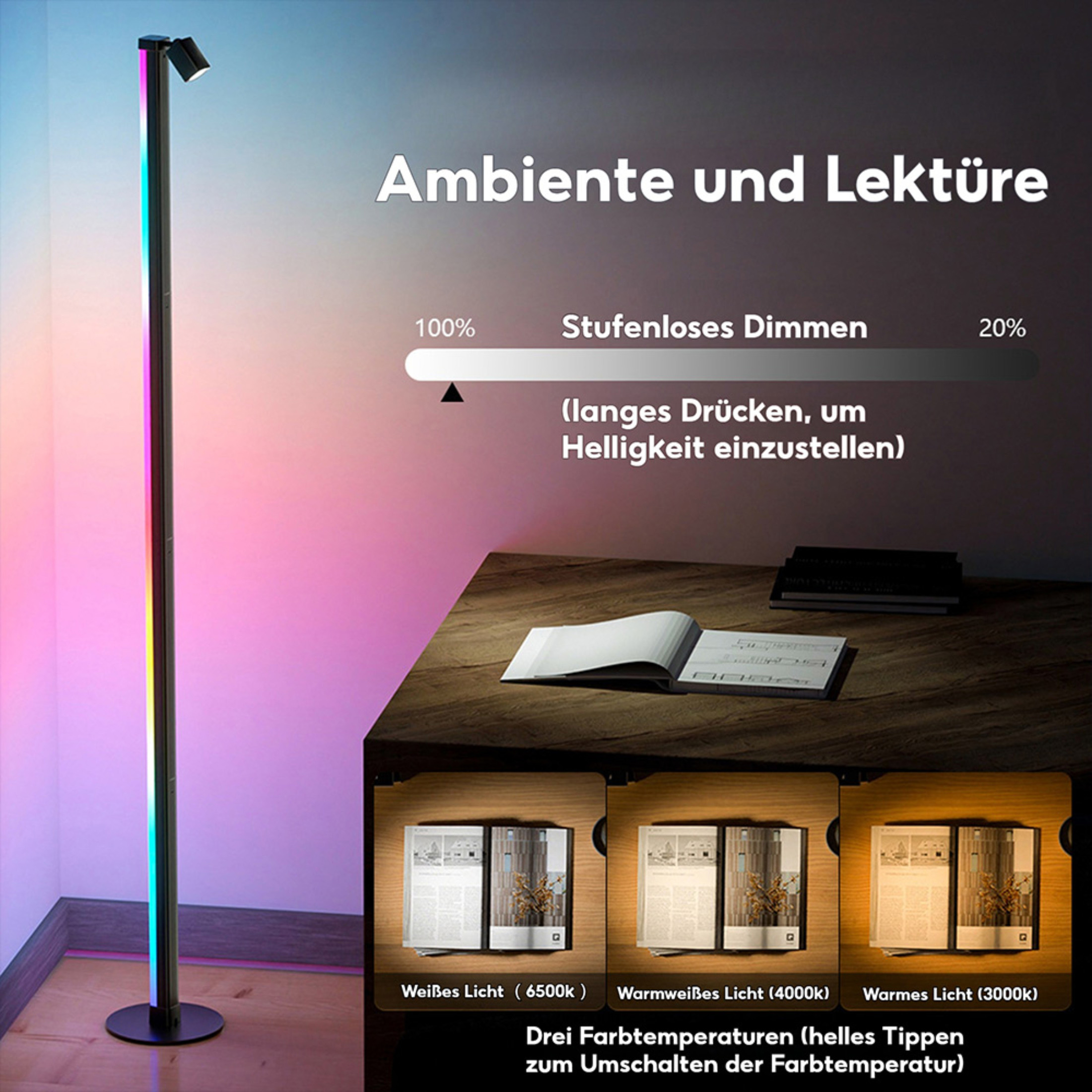 Eine Stehlampe mit farbwechselndem Licht und einem Spot. Daneben ein Schreibtisch mit offenen Büchern und Optionen für die Lichttemperatur.
