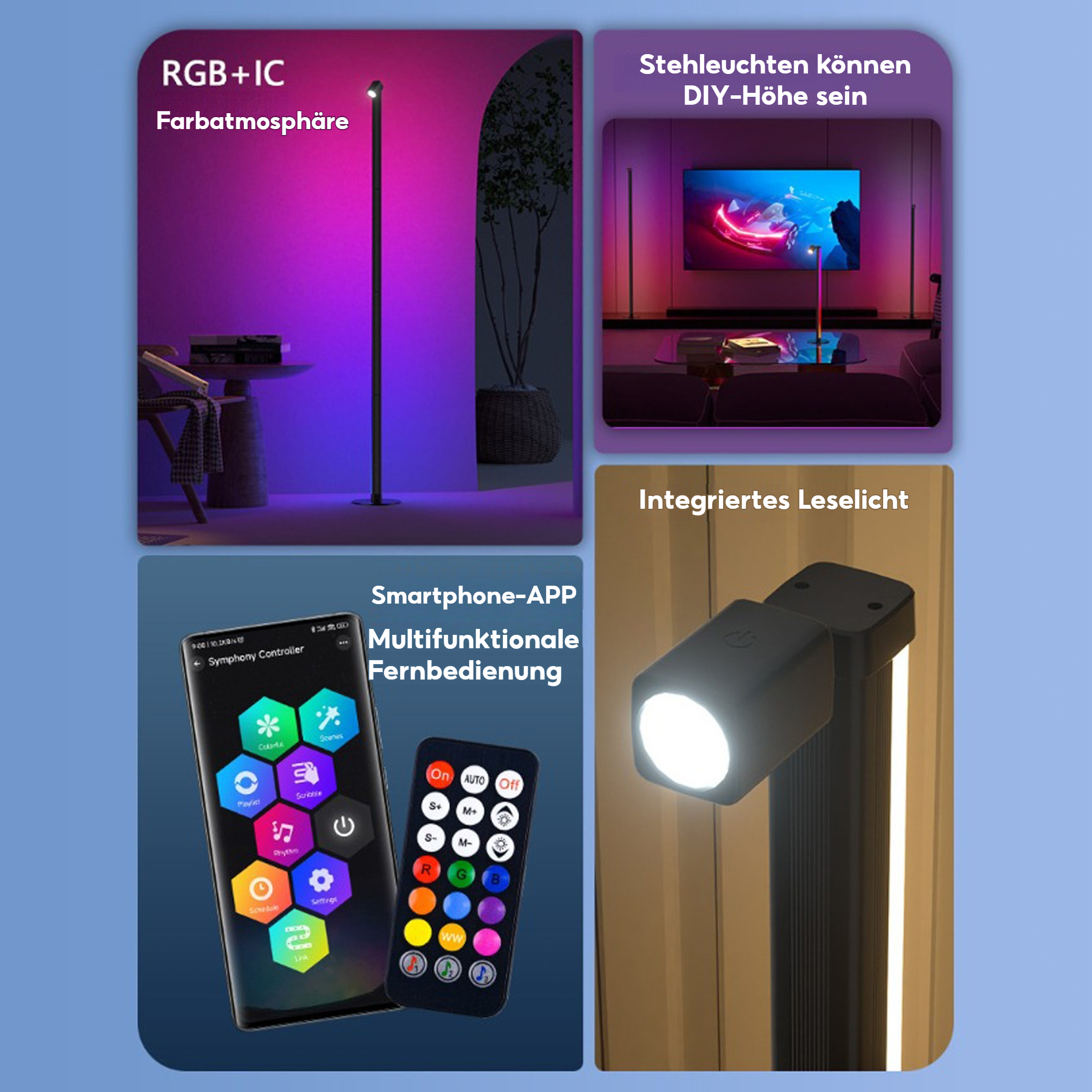 Das Bild zeigt Produktmerkmale: RGB-Beleuchtung, Smartphone-App, Fernbedienung und integriertes Leselicht. Es zeigt auch eine Lampe.