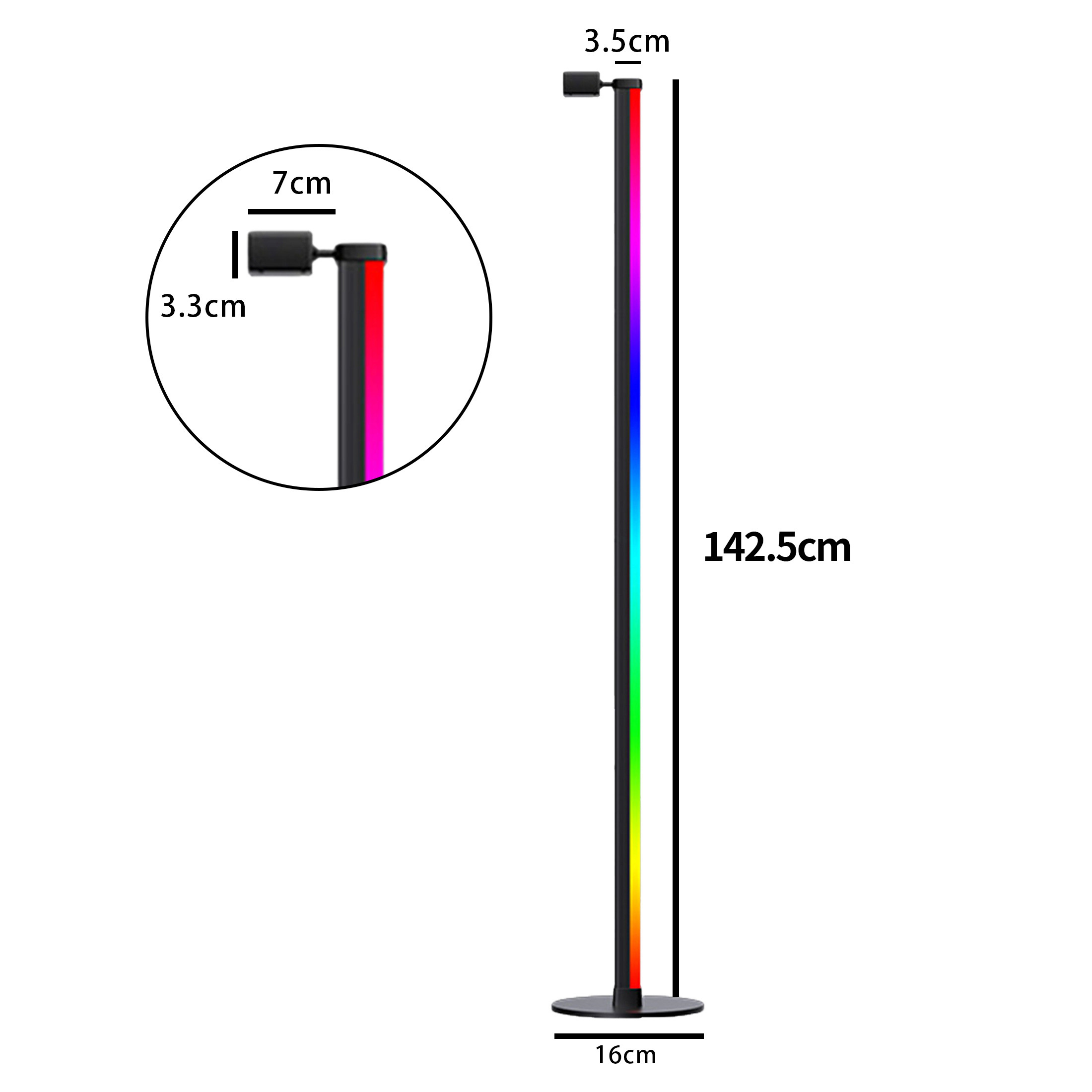 Eine hohe, schwarze LED-Lampe mit einem Regenbogen-Lichtstreifen. Abmessungen sind angegeben. Eine Nahaufnahme der Oberseite ist ebenfalls enthalten.