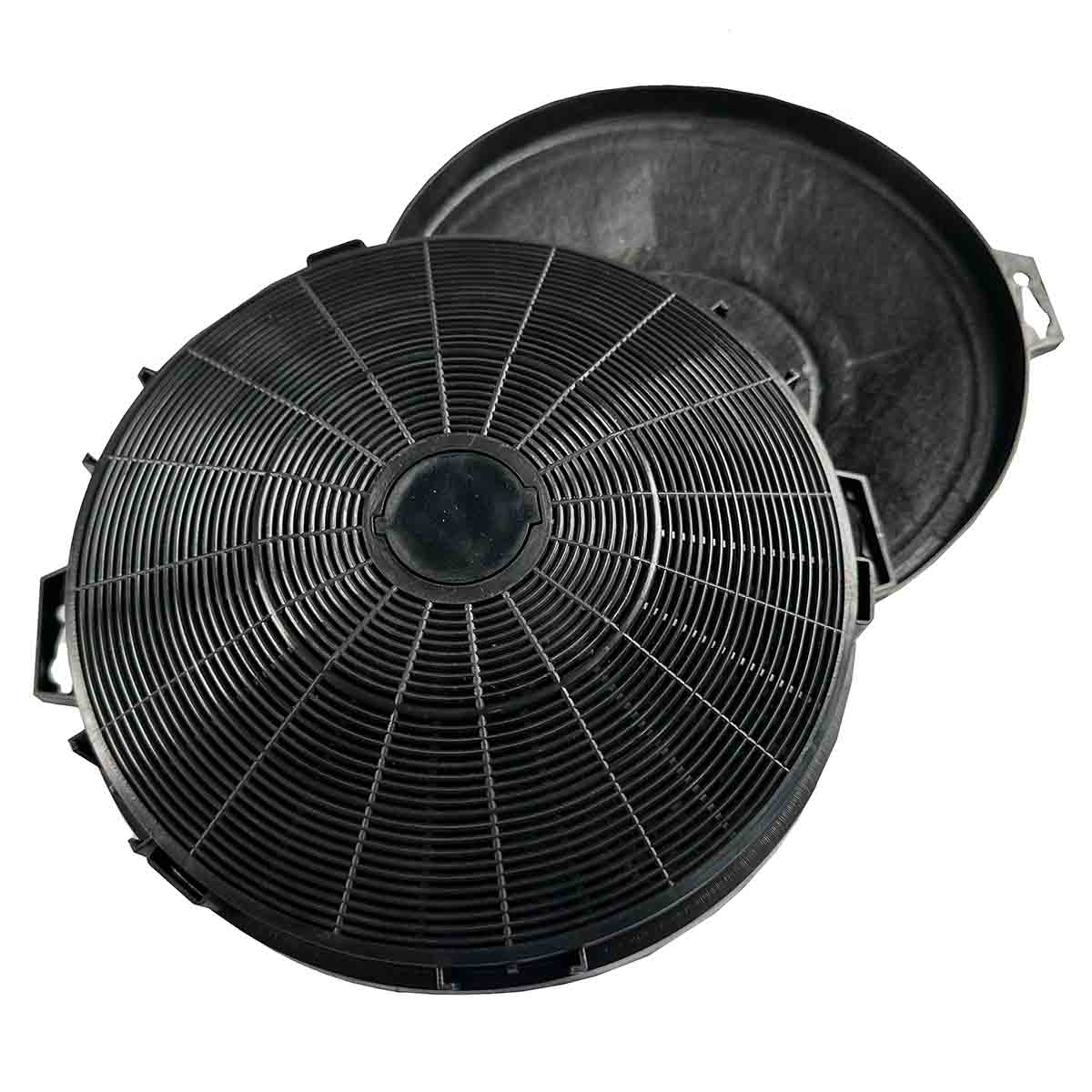 Zwei schwarze kreisförmige Filter sind abgebildet. Einer ist ein Grill, der andere eine feste Platte. Der Grillfilter befindet sich vor der festen Platte.