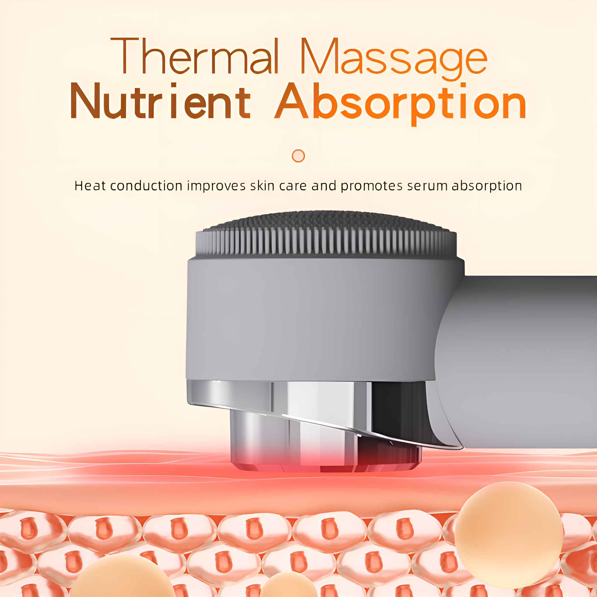 Ein Gerät mit grauem Kopf wird auf einem Hautschichtdiagramm platziert, mit dem Text „Thermal Massage Nutrient Absorption“.
