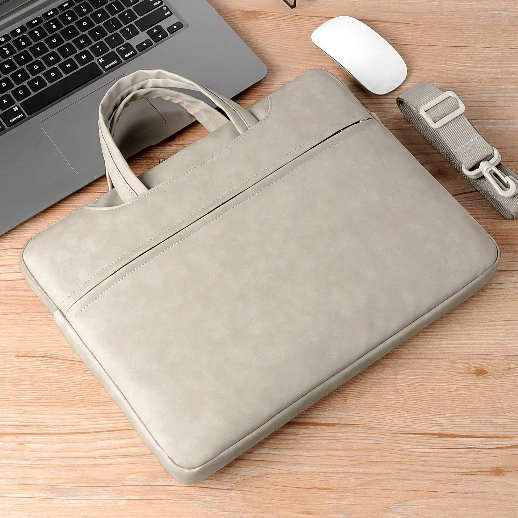 Eine Laptoptasche, eine Maus und ein Laptop auf einer Holzoberfläche. Die Tasche ist grau, mit Griff und Riemen.