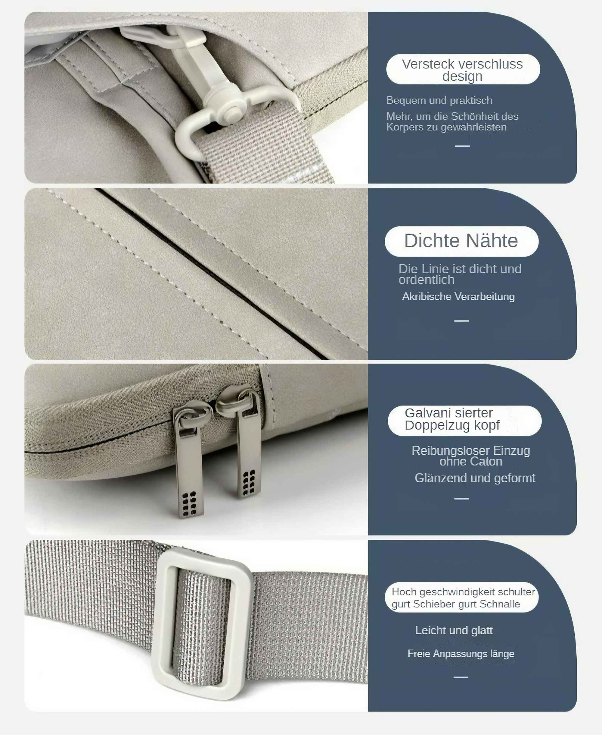 Nahaufnahme einer hellgrauen Tasche mit Metallreißverschlüssen, einem Riemen und einer Schnalle. Detaillierte Nähte sind sichtbar.
