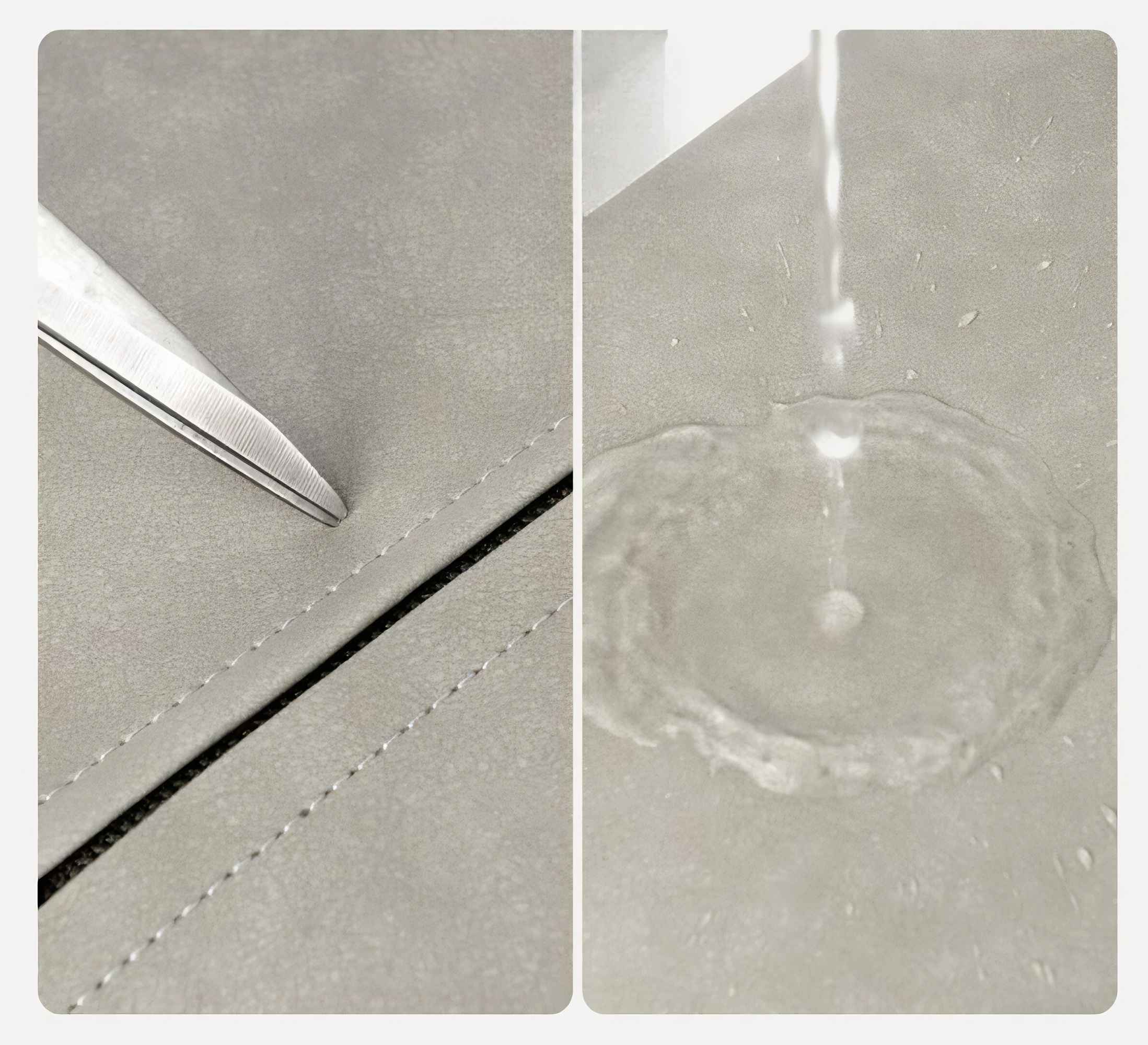 Schere schneidet graues Material, Wasser gießt auf ähnliches Material und erzeugt Spritzer und Tropfen.