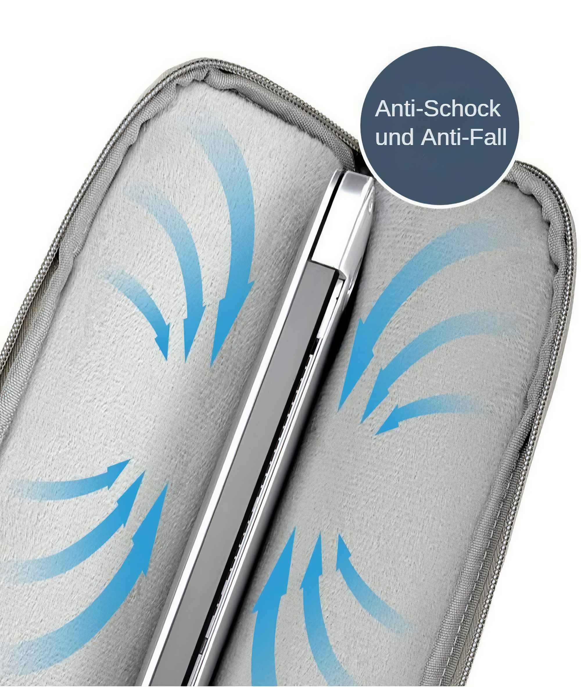 Laptop in einem grauen Gehäuse mit blauen Pfeilen. Text auf einem Kreis lautet 'Anti-Schock und Anti-Fall'.