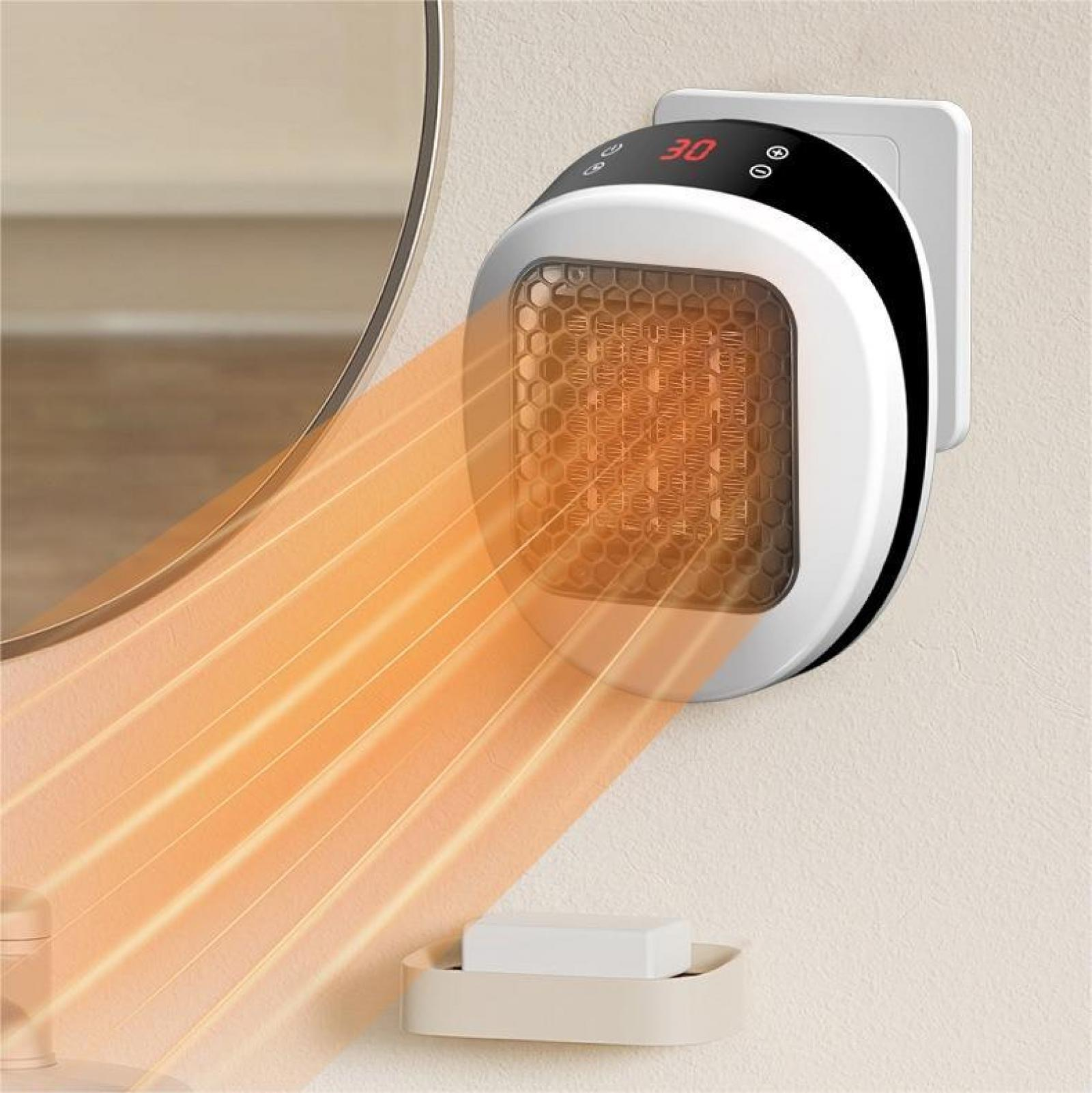 Ein weißer, an der Wand montierter Heizlüfter mit Digitalanzeige. Warme Luft strömt daraus. Darunter eine Seifenschale mit Seife.
