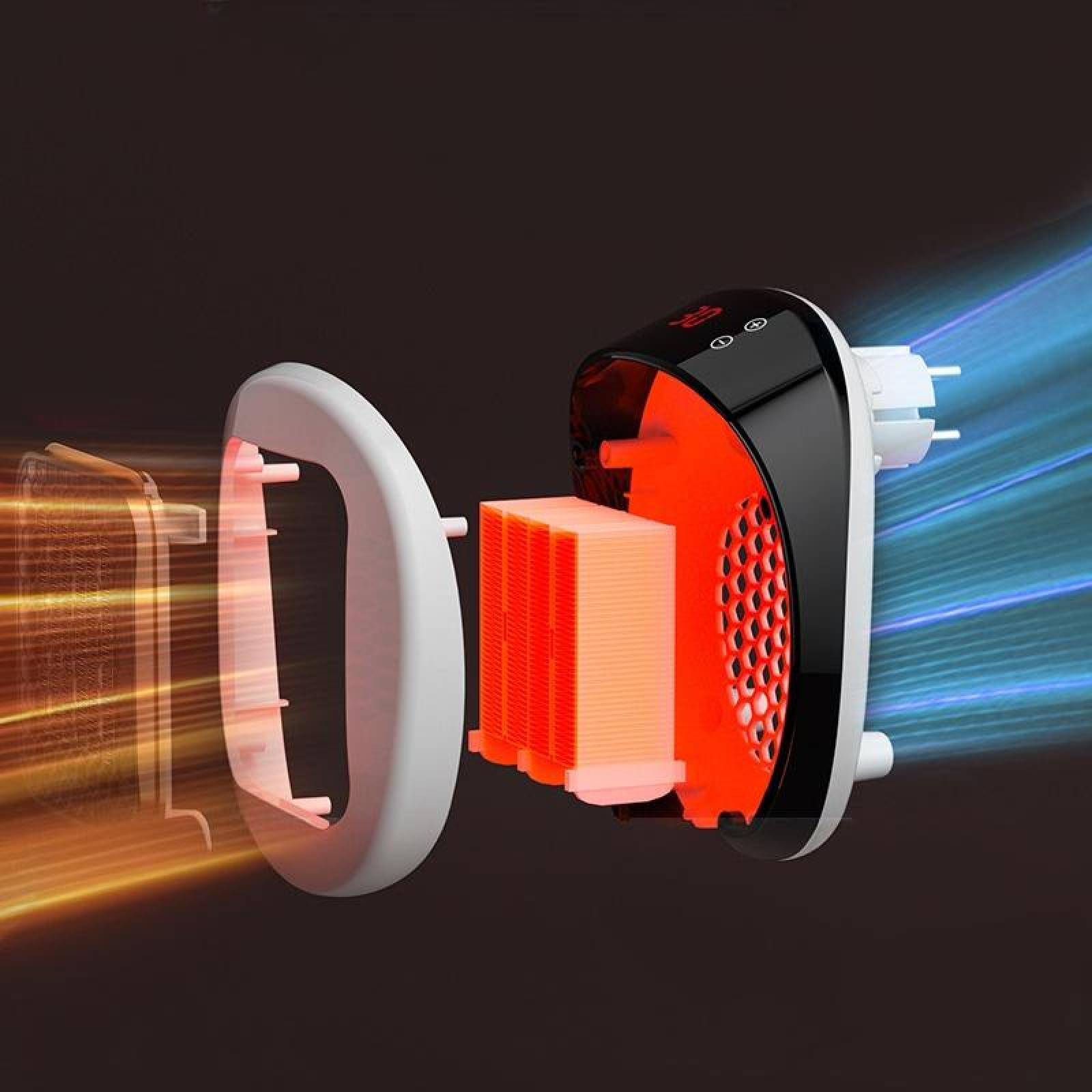 Schnittansicht eines schwarz-weißen Elektroheizers. Im Inneren sind orange Heizelemente sichtbar. Der Luftstrom ist angegeben.