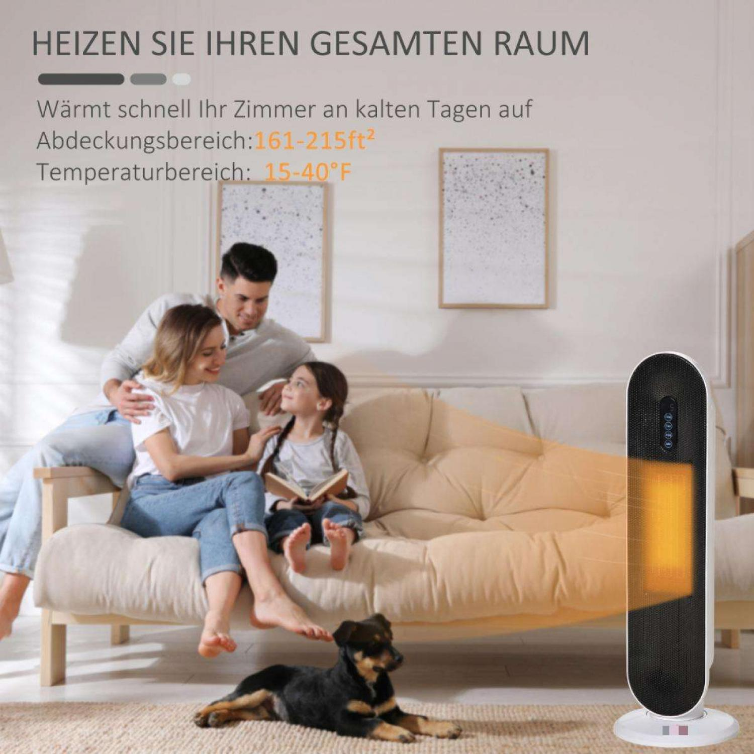 Eine Familie sitzt mit einem Hund auf einem Sofa. Ein Heizgerät steht daneben. Der Text oben lautet: 'Heizen Sie Ihren gesamten Raum'.