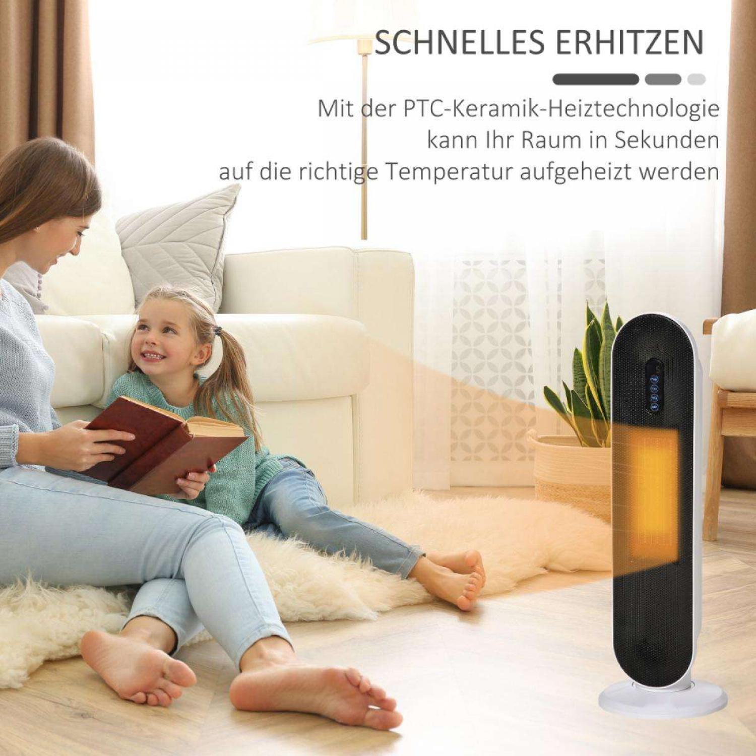 Eine Frau und ein Kind lesen in der Nähe einer Heizung. Der Heizlüfter ist weiß und schwarz. Der Hintergrund zeigt ein Sofa und eine Pflanze.