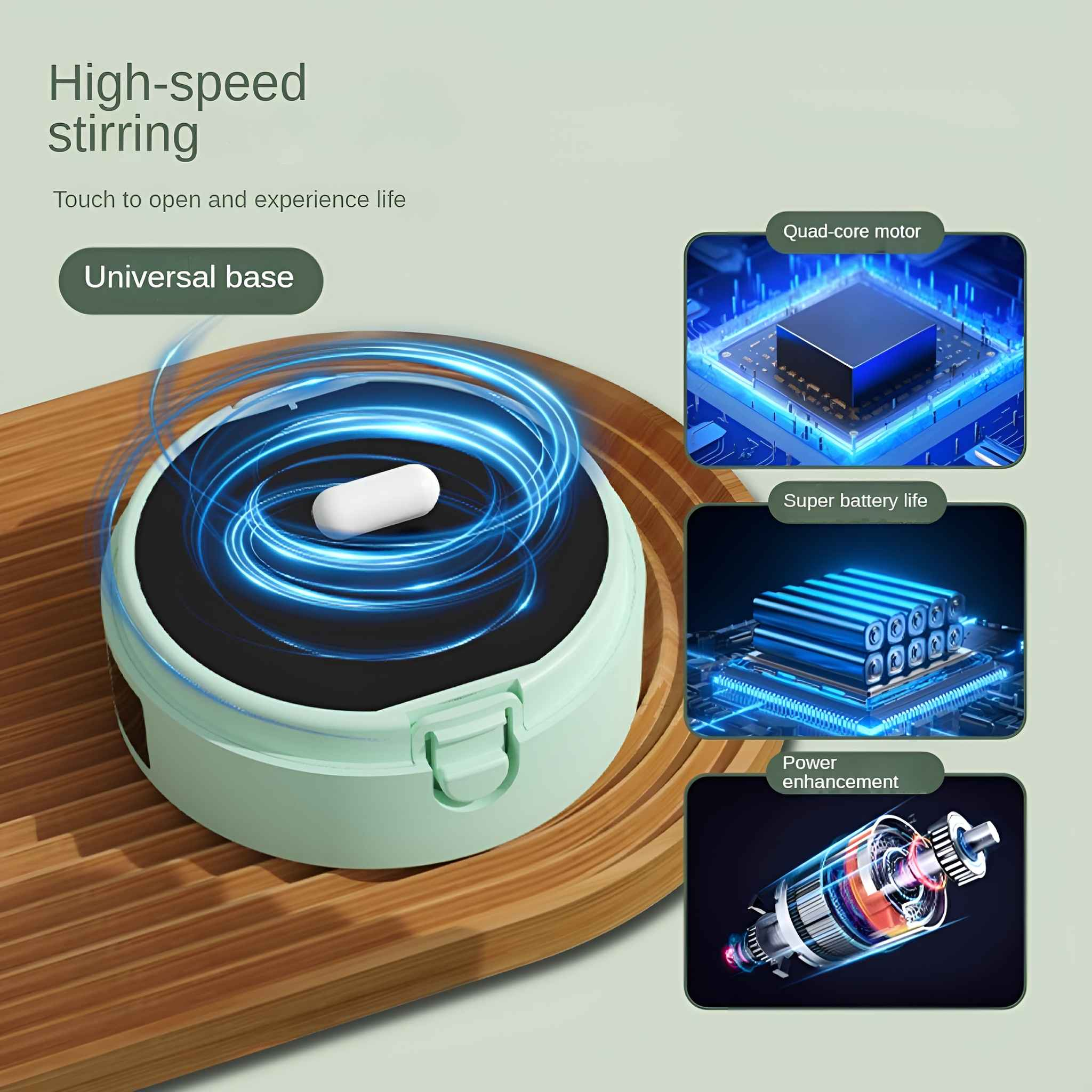 Ein Bild, das ein Produkt mit einem Rührmechanismus und drei Diagrammen zeigt, die seine Funktionen veranschaulichen: Motor, Batterie und Leistung.