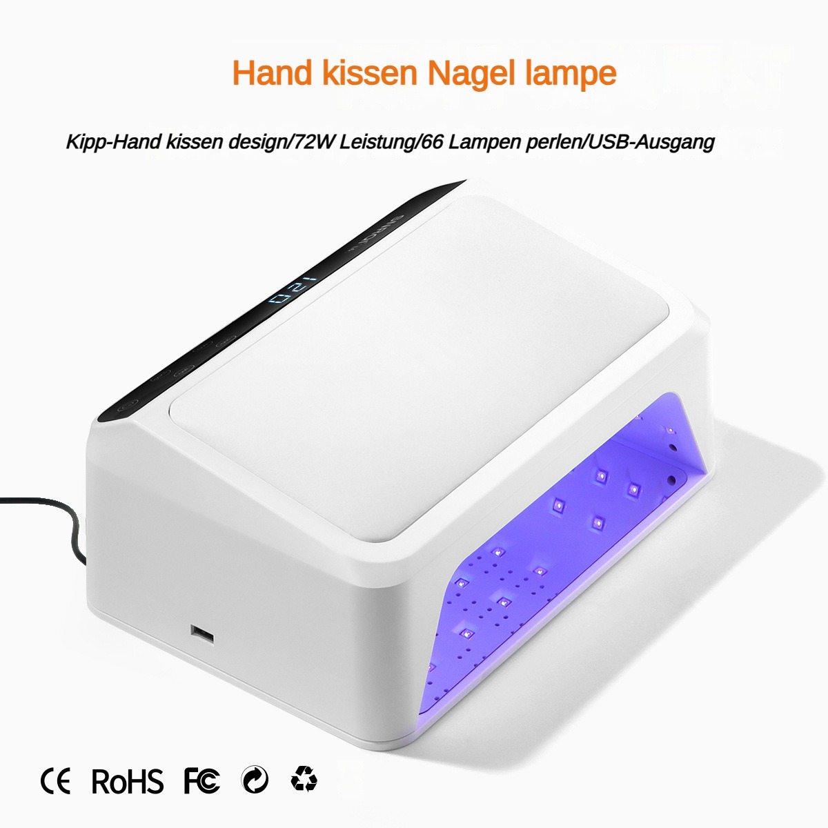 Eine weiße Nagellampe mit Digitalanzeige. Sie hat ein violettes Licht im Inneren und ist mit deutschem Text beschriftet.