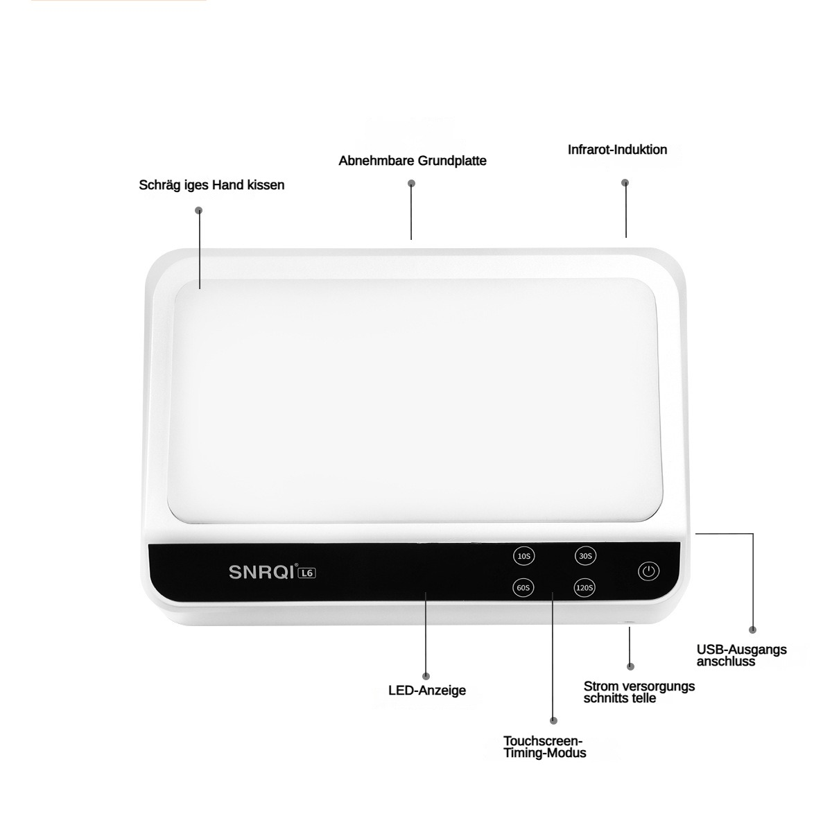 Weißes Gerät mit deutschen Beschriftungen. Zu den Merkmalen gehören ein Touchscreen-Timing-Modus, ein LED-Display und ein USB-Ausgang.