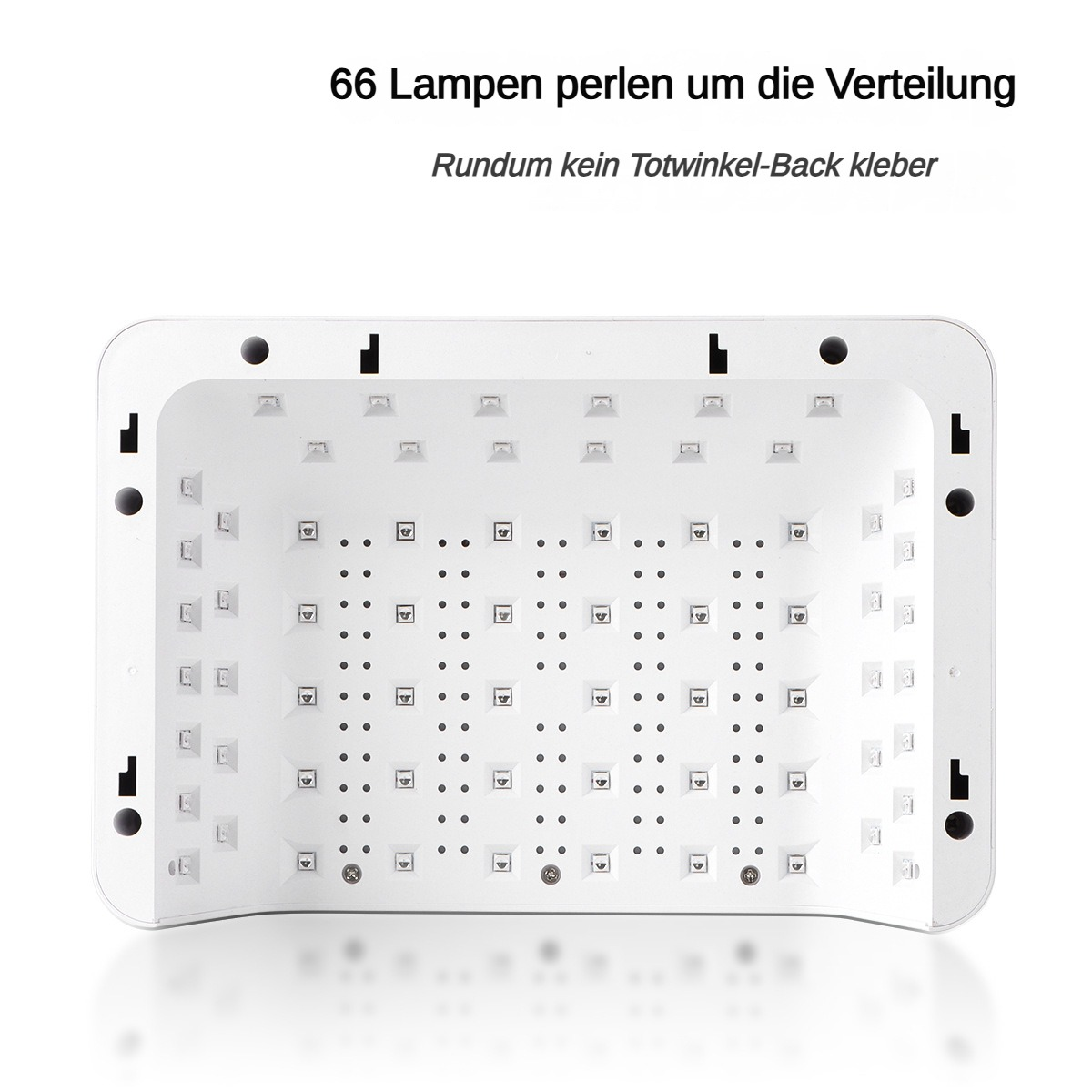 Ein weißes, rechteckiges Gerät mit vielen kleinen Lichtern und Punkten. Es hat Text oben. Das Gerät befindet sich auf weißem Hintergrund.