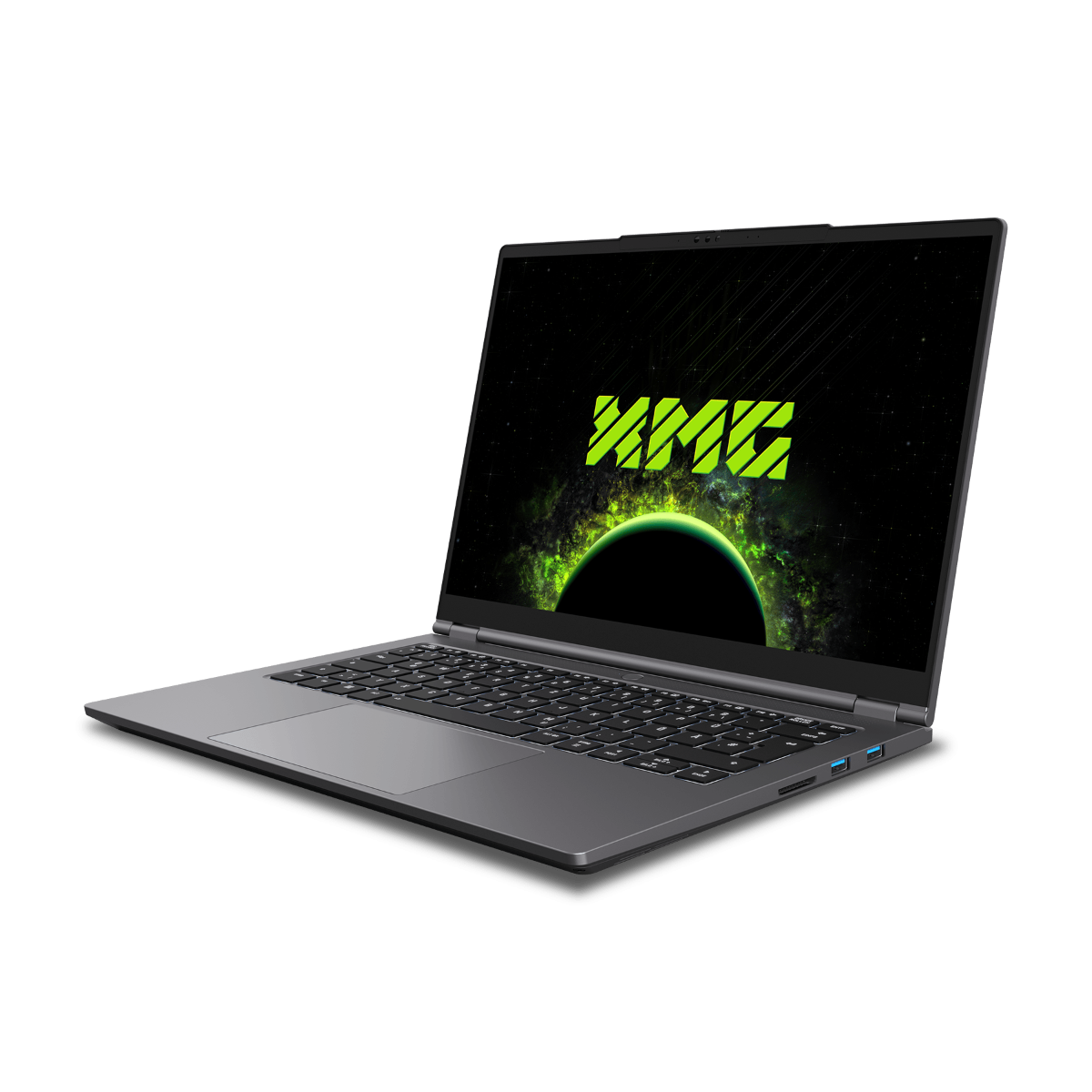 Grauer Laptop auf schwarzem Untergrund. Der Bildschirm zeigt ein grünes Logo und einen Weltraumhintergrund.