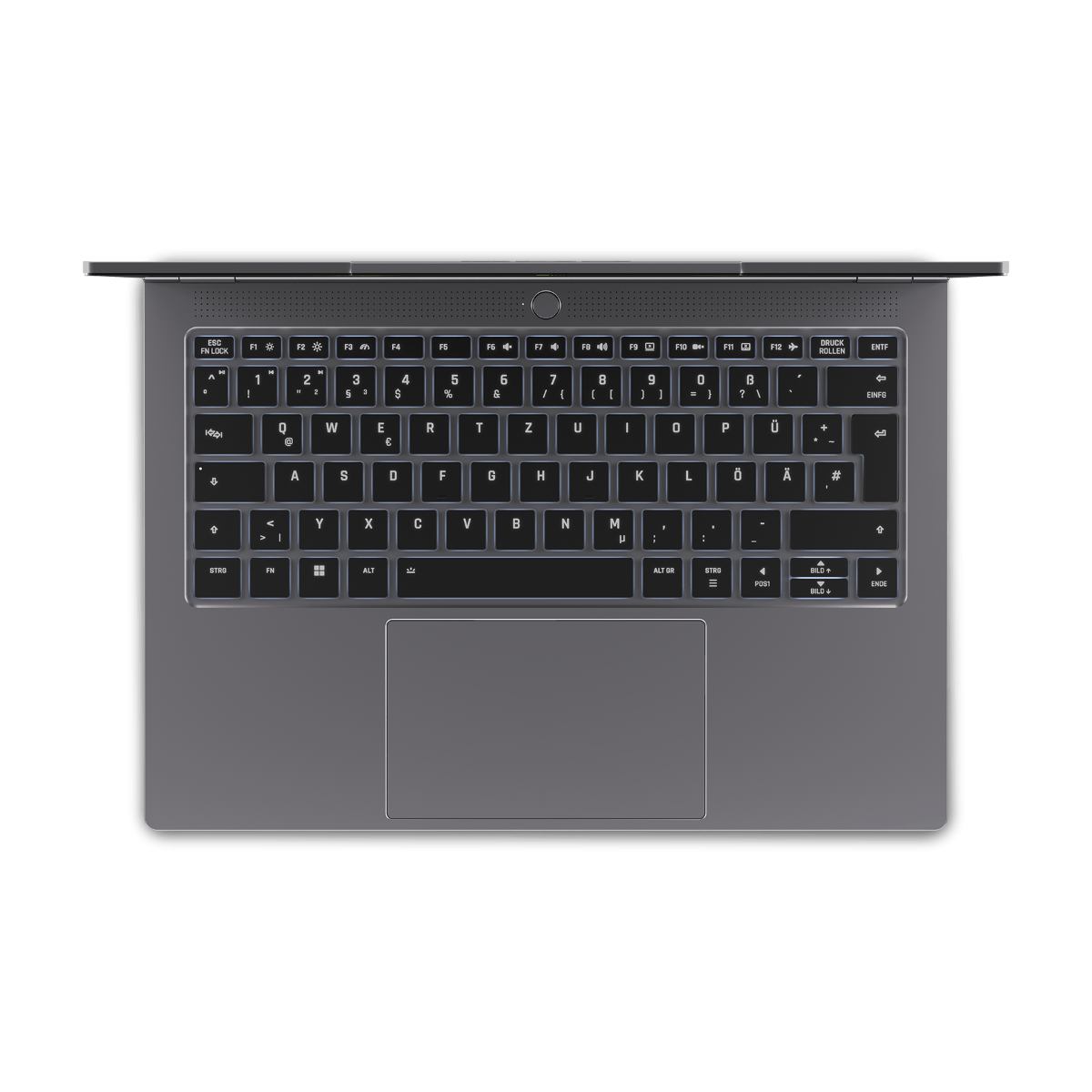 Graue Laptop-Tastatur, Draufsicht, mit beleuchteten Tasten, das Touchpad unten. Schwarzer Hintergrund.