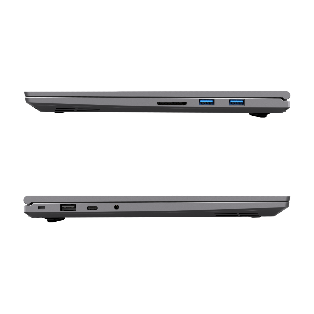 Zwei Seitenansichten eines grauen Laptops. Anschlüsse und Lüfter sind sichtbar. Der Hintergrund ist schwarz.