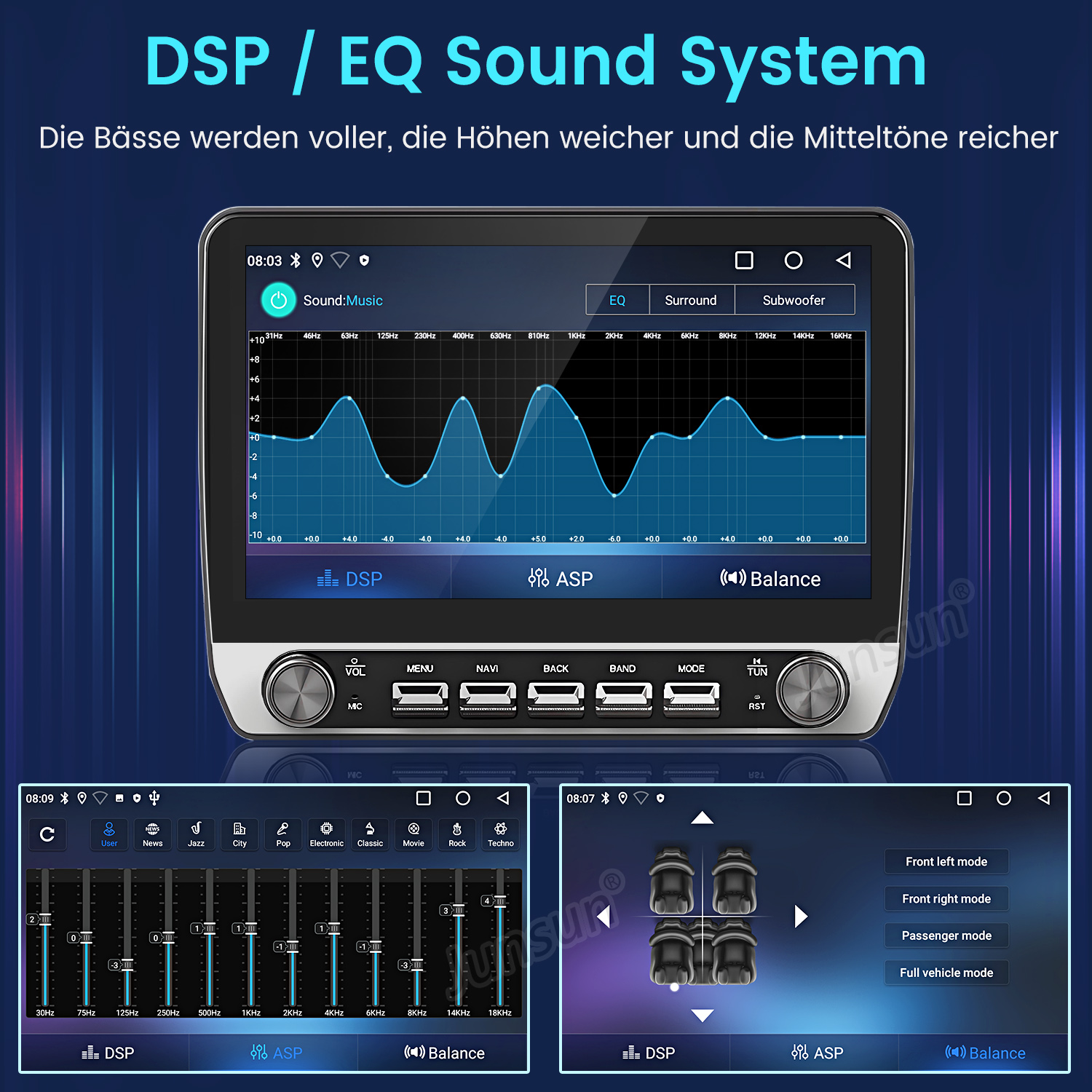 Auto-Audiosystem-Schnittstelle, die EQ-Einstellungen mit Frequenzanpassungen über Touchscreen und Bedienelemente anzeigt.