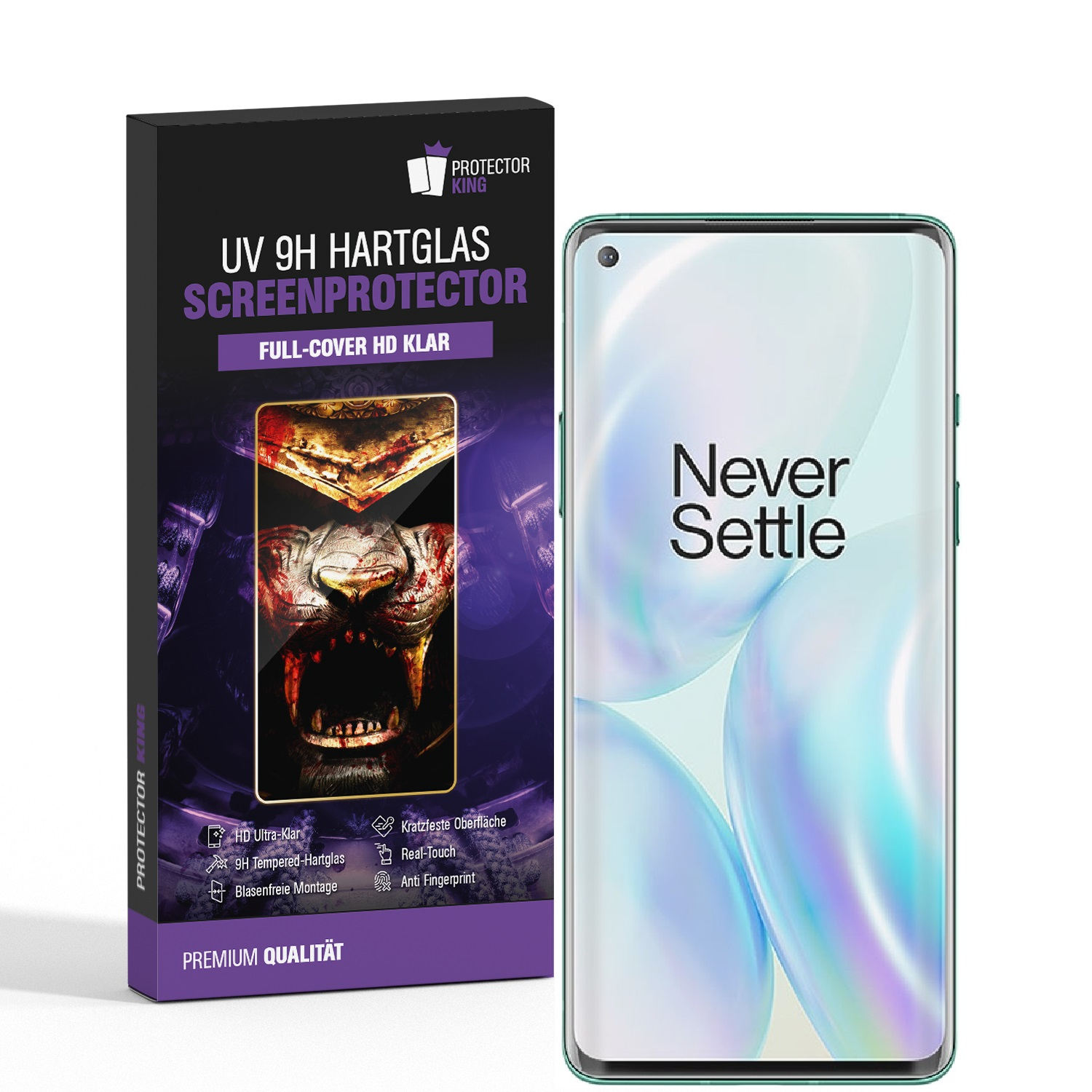 Ein Telefon mit einer Displayschutzfolienbox. Auf der Box steht 'UV 9H HARTGLAS SCREENPROTECTOR' und auf dem Telefon 'Never Settle'.