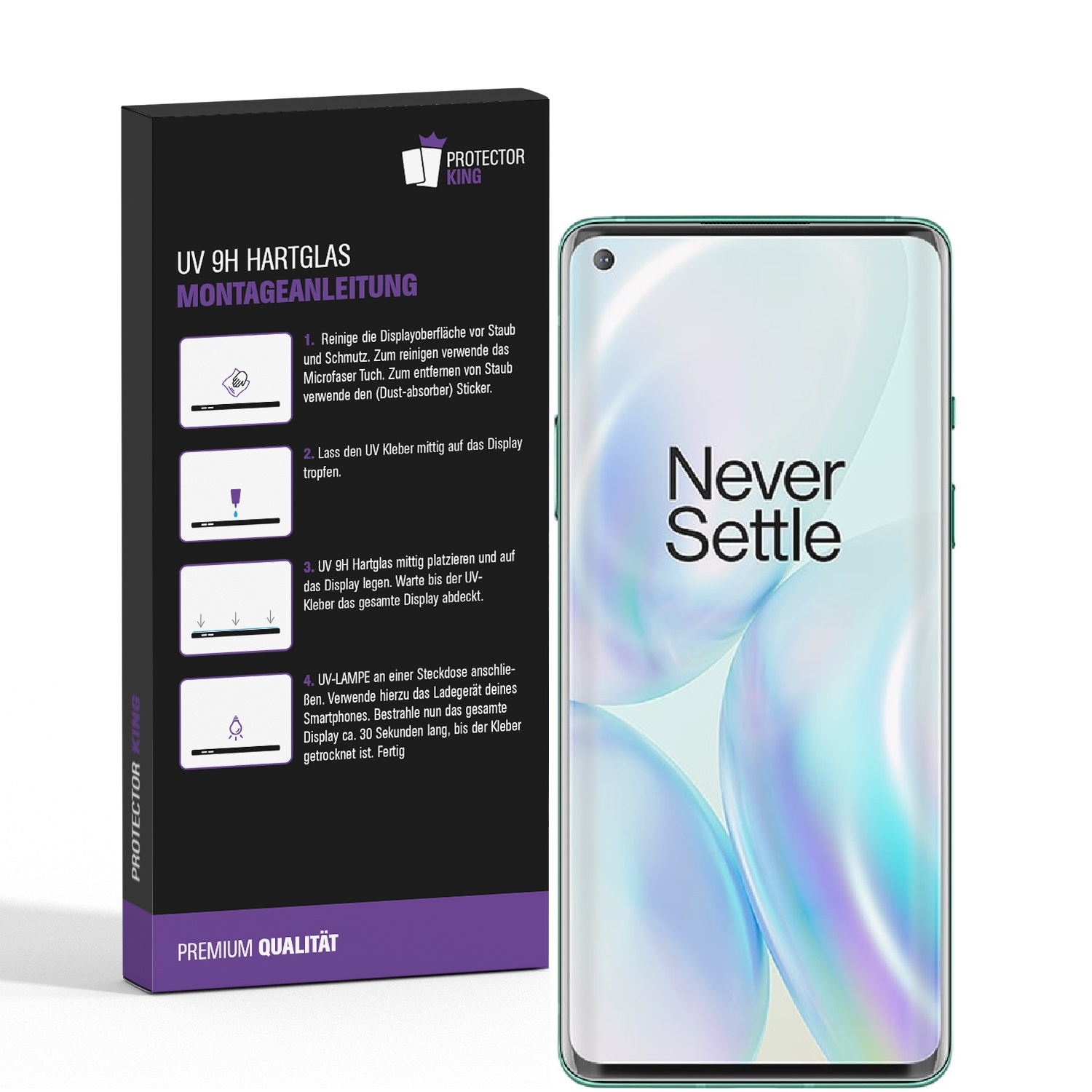 Ein Smartphone mit grünem Rahmen und eine Schachtel mit Anweisungen zum Anbringen einer Displayschutzfolie werden angezeigt.