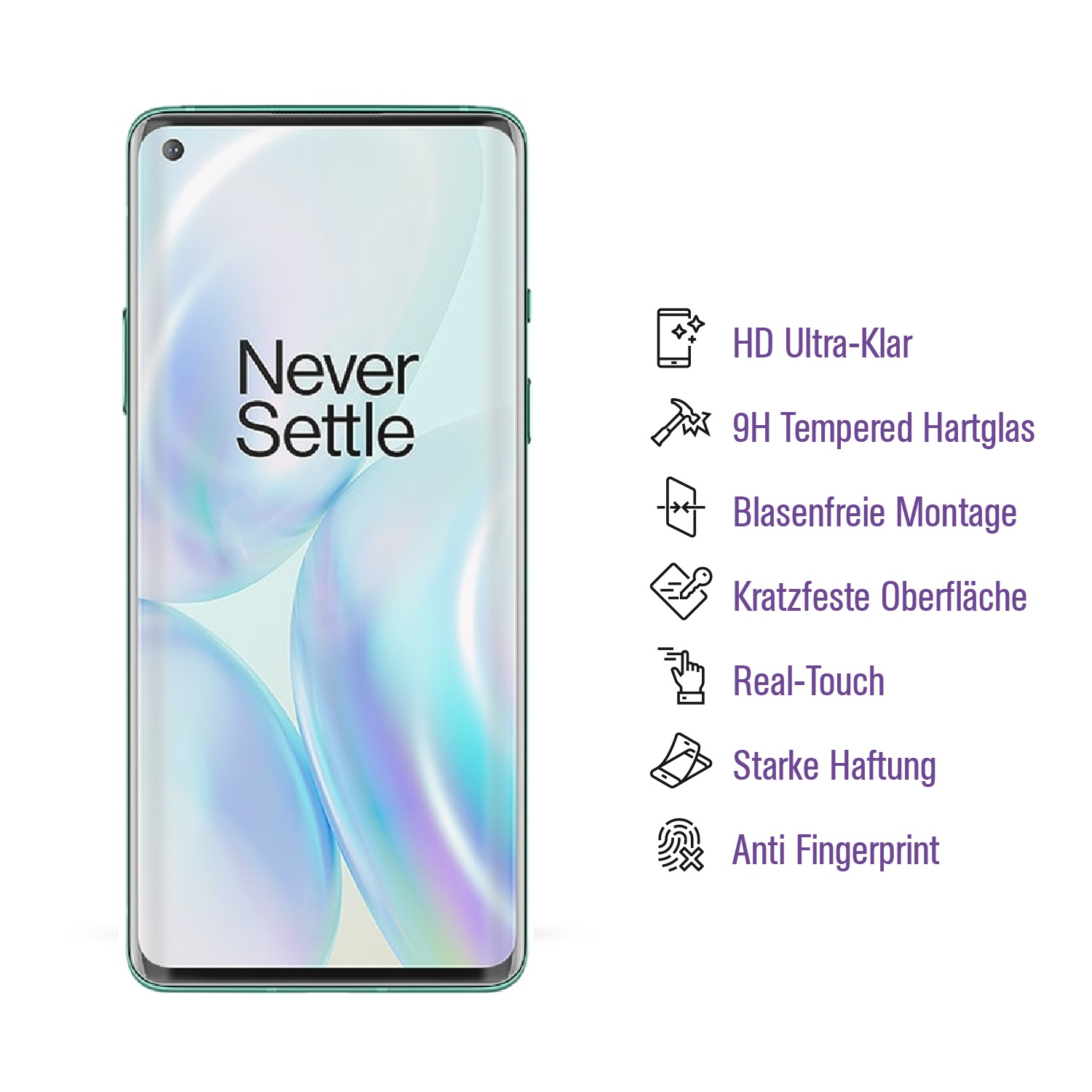 Ein Smartphone-Bildschirm mit den Worten "Never Settle". Auf der rechten Seite befinden sich Symbole und deutscher Text, der Funktionen wie HD-Klarheit und Kratzfestigkeit beschreibt.