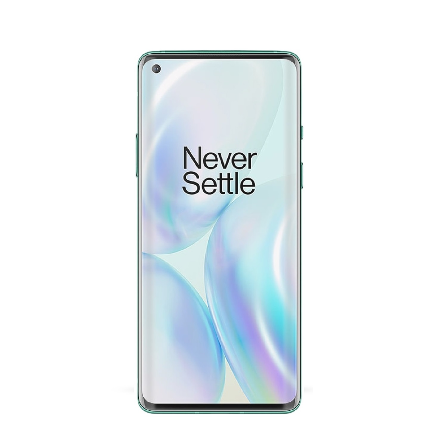 Ein Smartphone mit einem Bildschirm, auf dem die Worte 'Never Settle' stehen. Das Telefon hat einen grünen Rahmen und einen hellblauen und weißen Hintergrund.