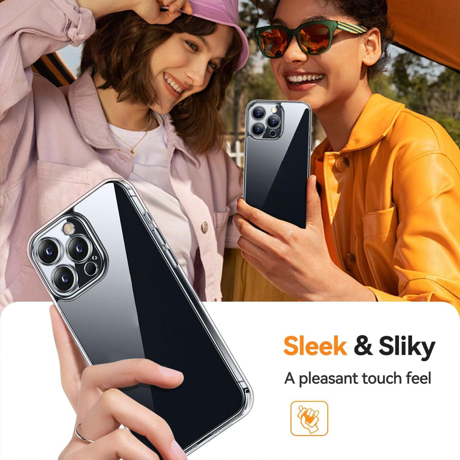 Zwei Frauen halten Telefone mit Hüllen. Eine trägt Pink, die andere Gelb. Die Telefone haben transparente Hüllen.