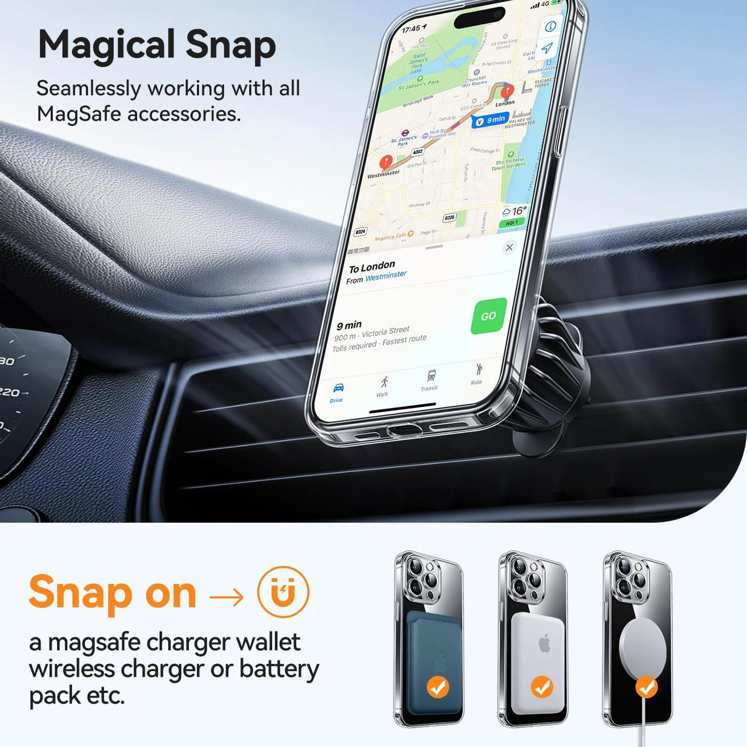 Telefon mit Karte in Autohalterung. Text lautet 'Magical Snap'. Unten sind Zubehör wie Geldbörse, Ladegerät abgebildet.