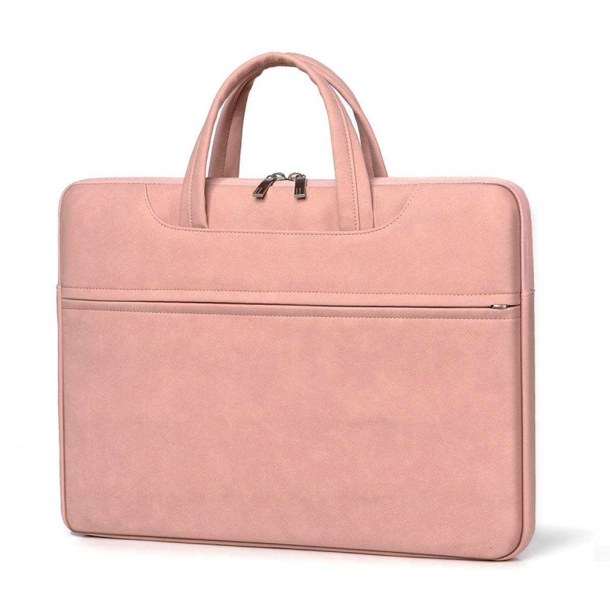 Eine hellrosa Laptoptasche mit zwei Griffen und einem Reißverschluss. Die Tasche befindet sich auf weißem Hintergrund.