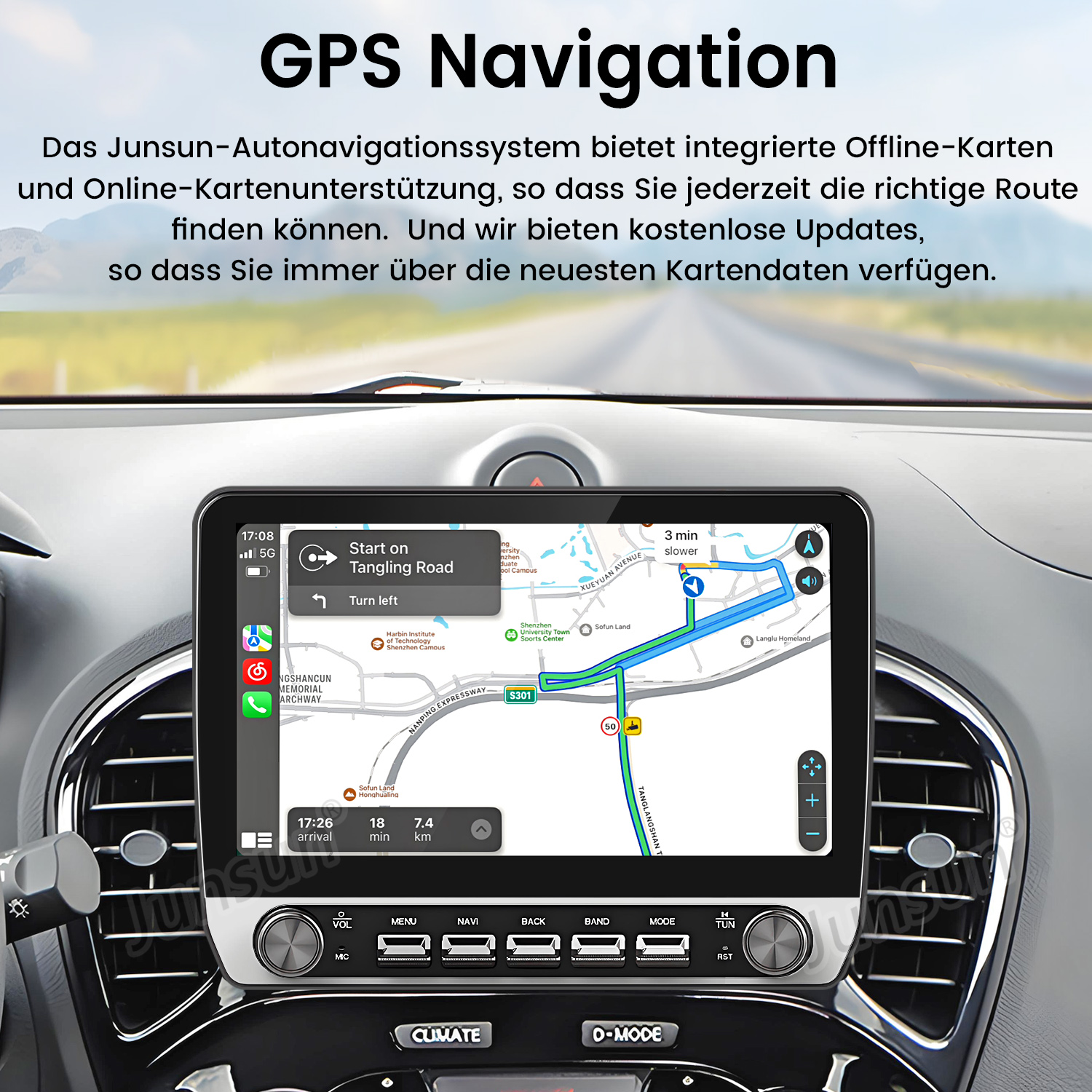 Auto-Armaturenbrett mit GPS-Navigationsbildschirm, der eine Route anzeigt. Der Text oben lautet 'GPS-Navigation'.