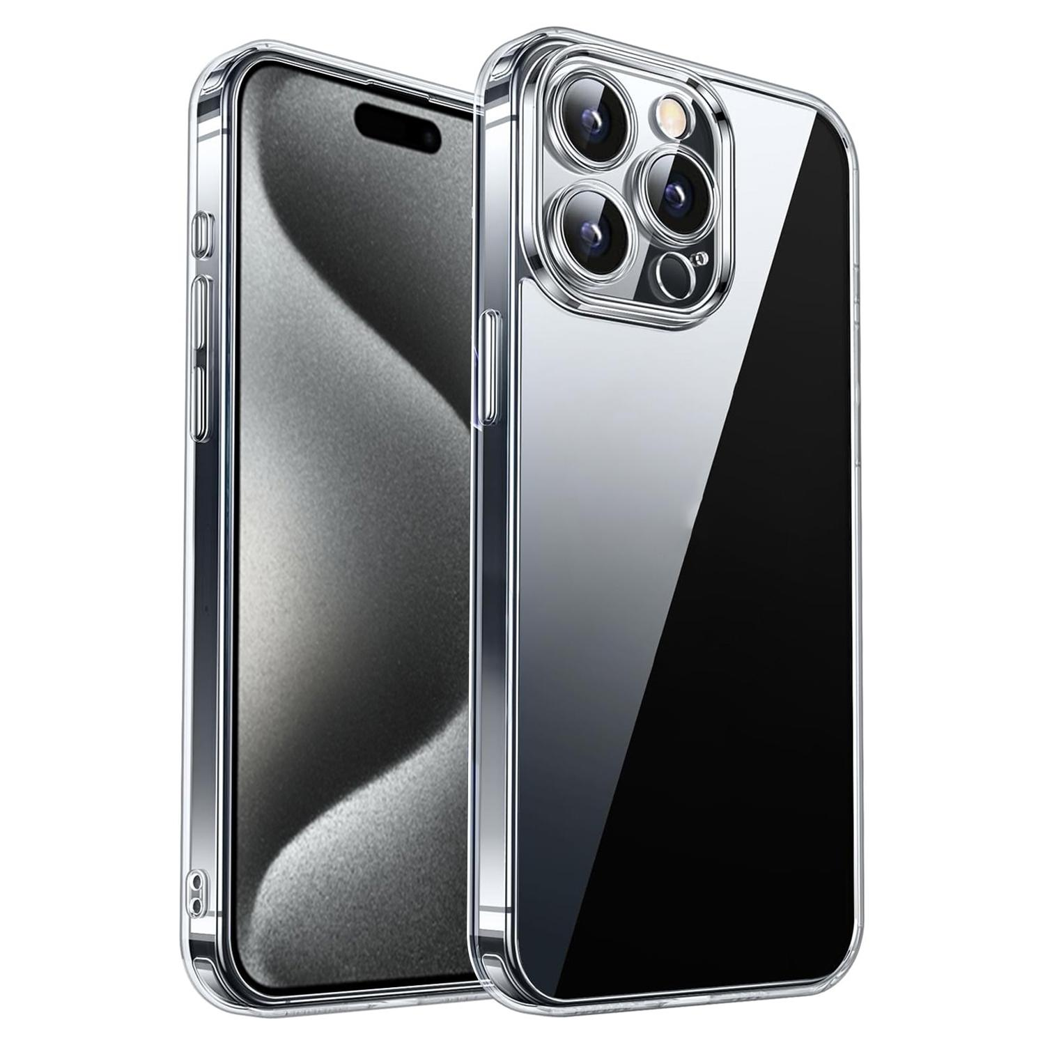 Zwei transparente Handyhüllen. Eine zeigt ein Telefon mit Bildschirm, die andere hat Kameralinsen. Beide haben glänzende Metallrahmen.