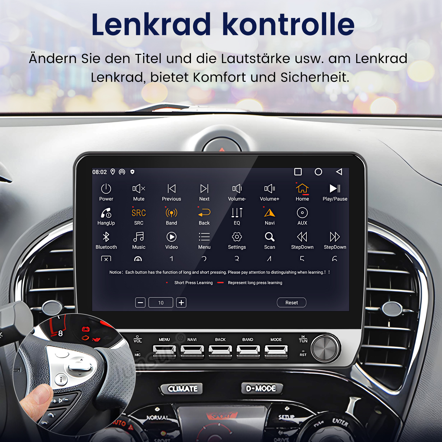 Autodisplay mit Touchscreen und Lenkrad. Text: 'Lenkrad kontrolle'. Hand drückt Knopf am Lenkrad.