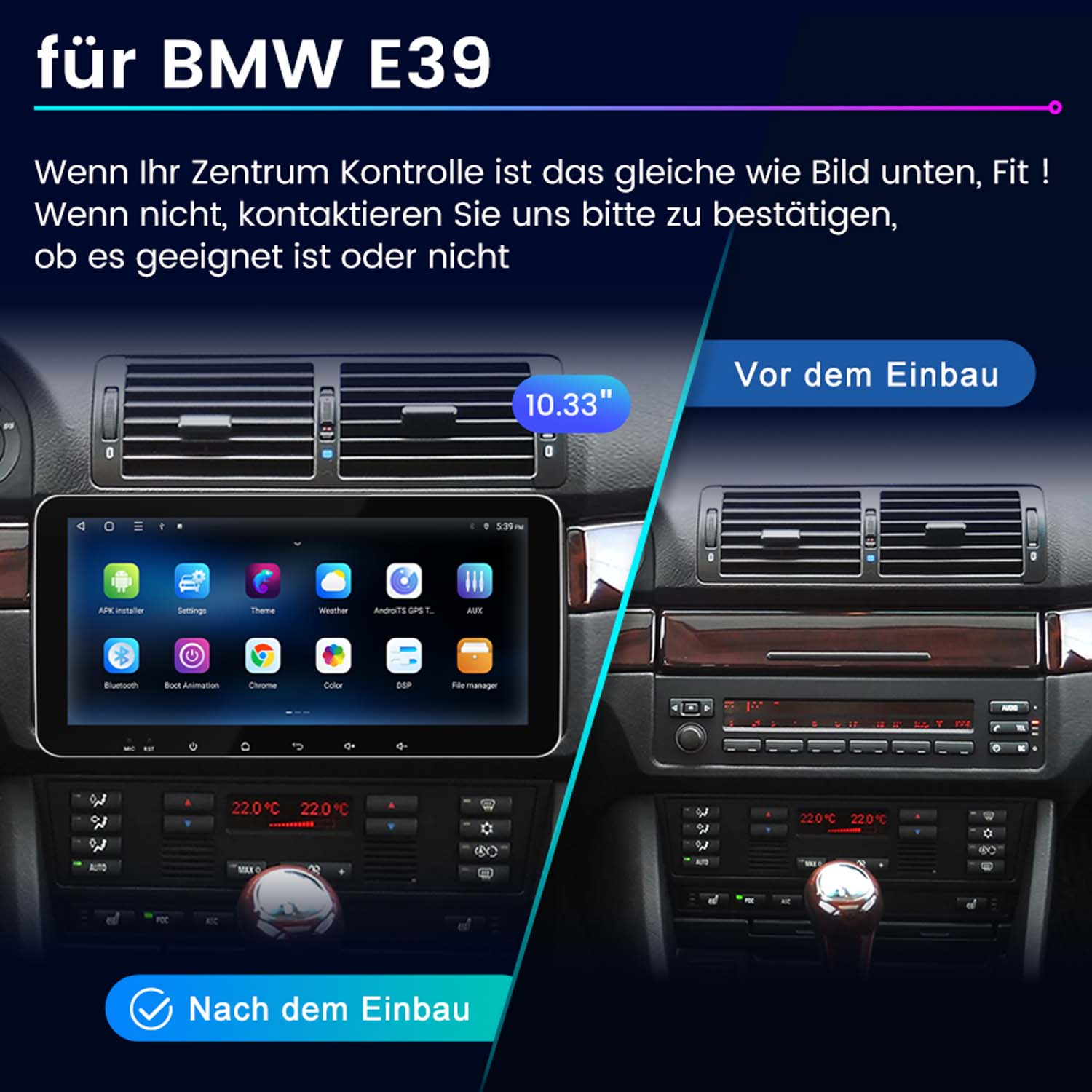 Vergleich von Auto-Armaturenbrettern: altes Radio und neuer Android-Bildschirm. Text sagt BMW E39 und Installationsanweisungen.