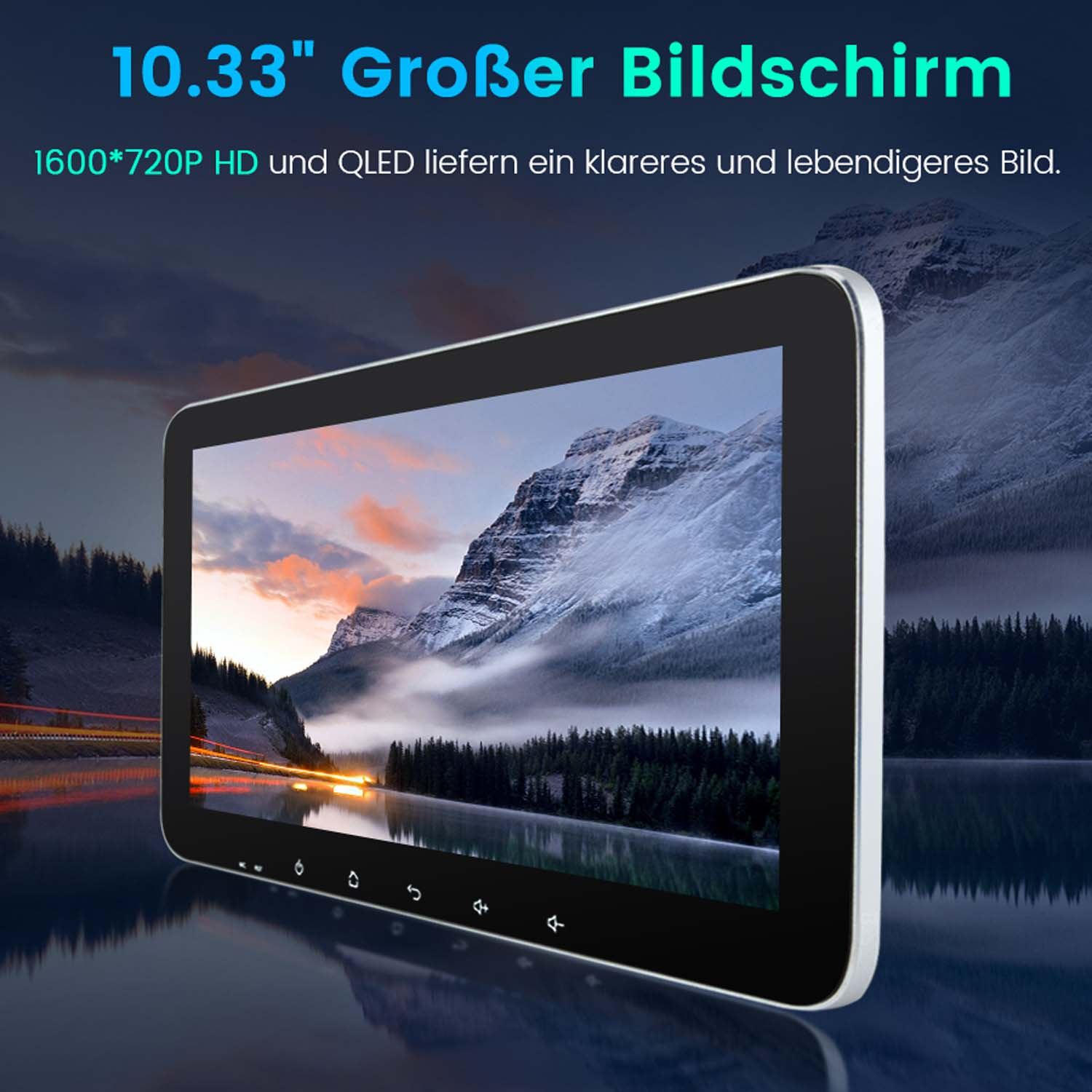 Ein Tablet mit einer Berglandschaft auf dem Bildschirm, Text oben: '10,33" Großer Bildschirm' und '1600*720P HD'.