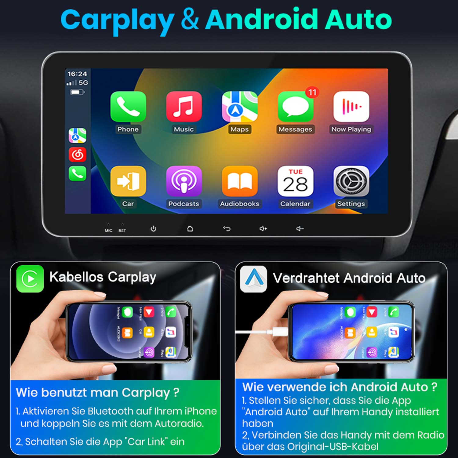 Carplay & Android Auto Bildschirm mit App-Symbolen. Darunter zeigen zwei Telefone Carplay & Android Auto. Text erklärt die Einrichtung.