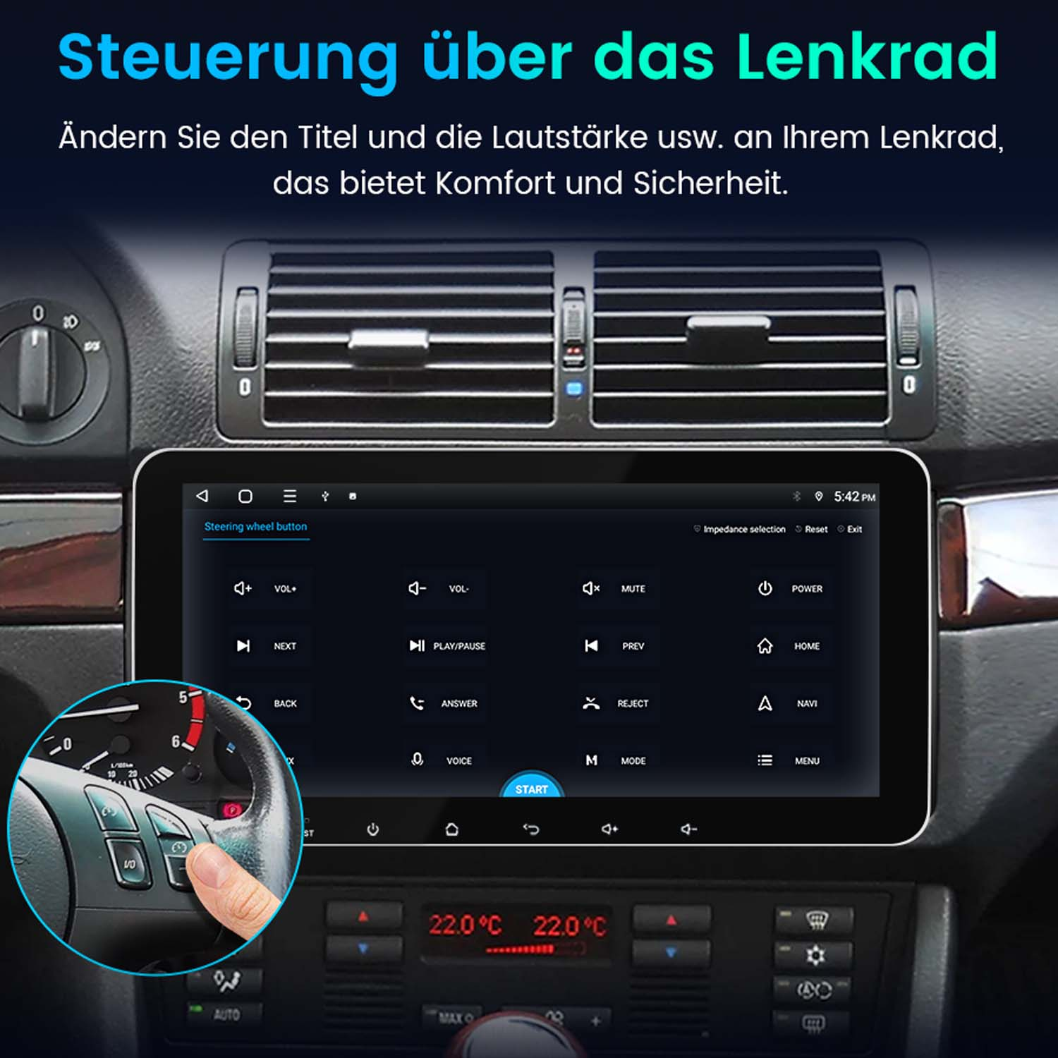 Autoinstrumententafel mit Touchscreen-Display. Eine Hand drückt eine Lenkradtaste. Text oben: 'Lenkrad'.