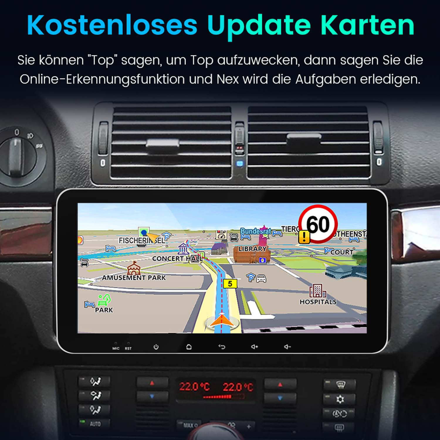 Ein Auto-Dashboard zeigt einen Navigationsbildschirm. Der Bildschirm zeigt eine Karte mit Sehenswürdigkeiten und 60 km/h.
