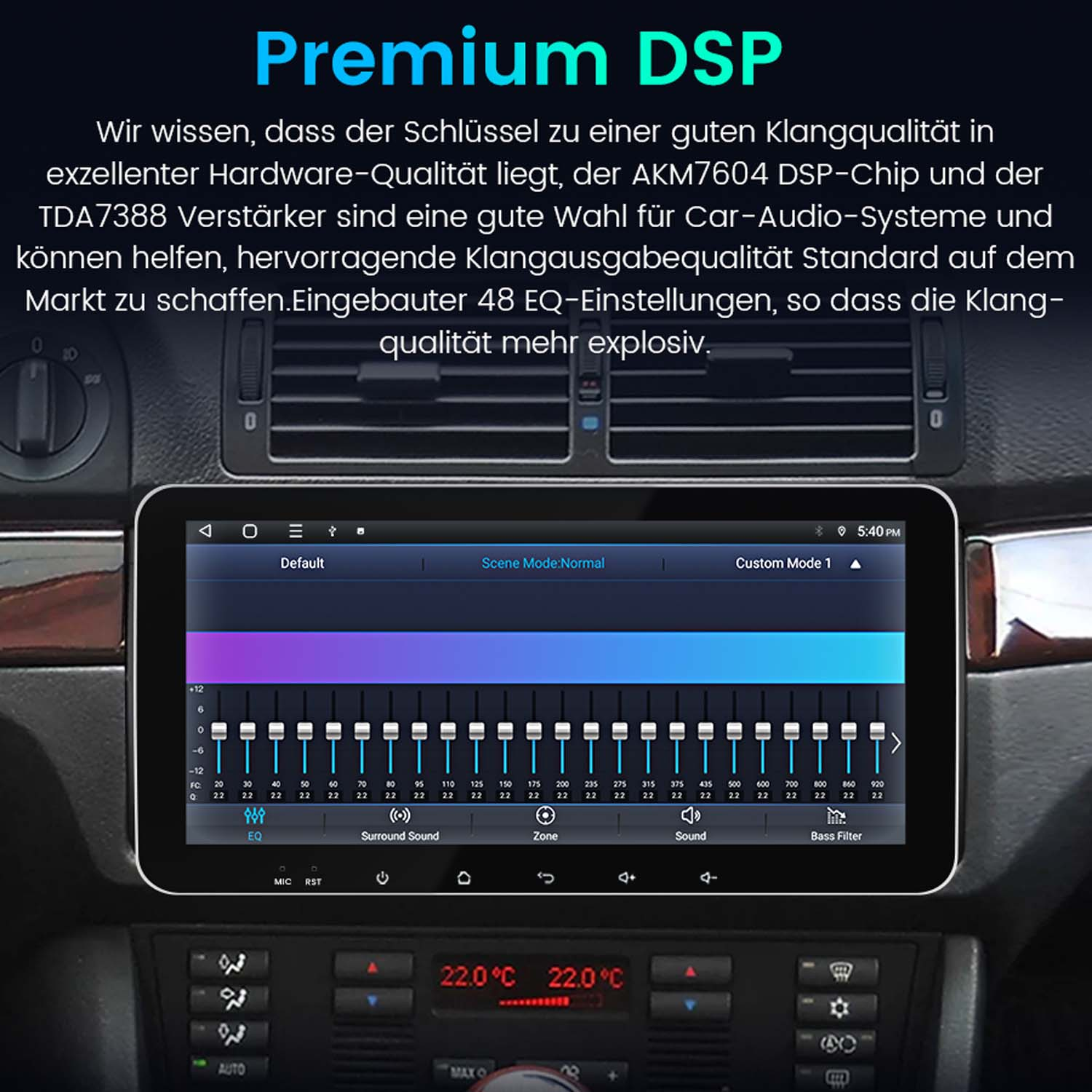Auto-Audiosystembildschirm zeigt Equalizer-Einstellungen. Text: Premium DSP. Temperaturen werden angezeigt.