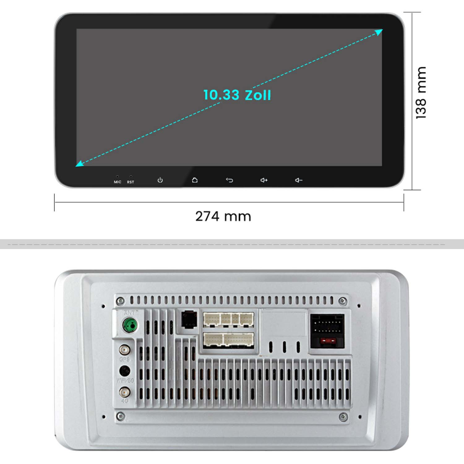 Ein Auto-Multimedia-System mit 10,33-Zoll-Bildschirm, Abmessungen beschriftet. Unten sind Anschlüsse zu sehen.