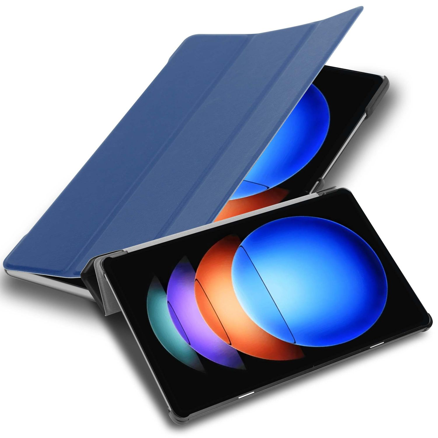 Zwei Tablets mit blauen Hüllen, eines offen. Die Bildschirme zeigen bunte, kreisförmige Designs vor schwarzem Hintergrund. Weißer Hintergrund.