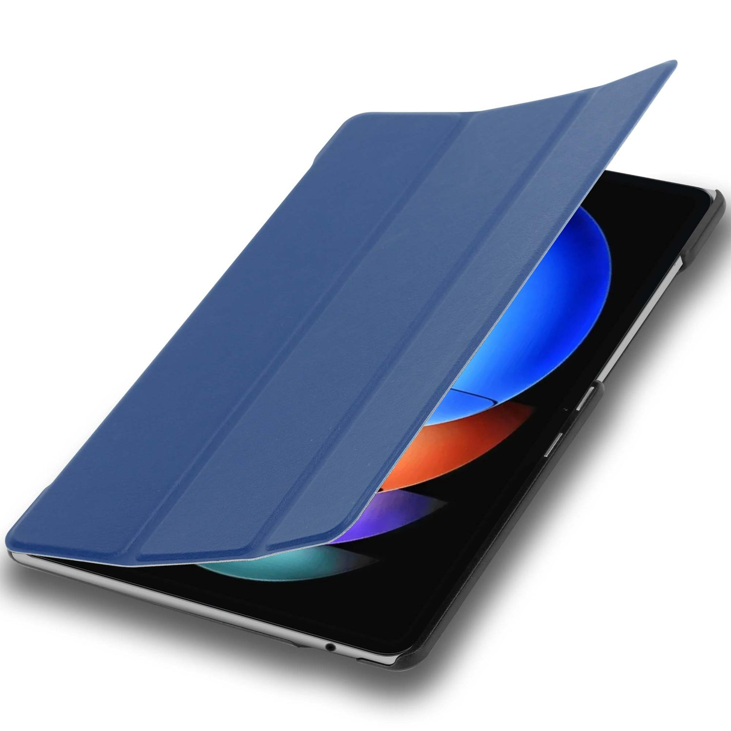Eine blaue Tablet-Hülle ist geöffnet und gibt den Bildschirm frei. Der Bildschirm zeigt ein farbenfrohes abstraktes Bild.